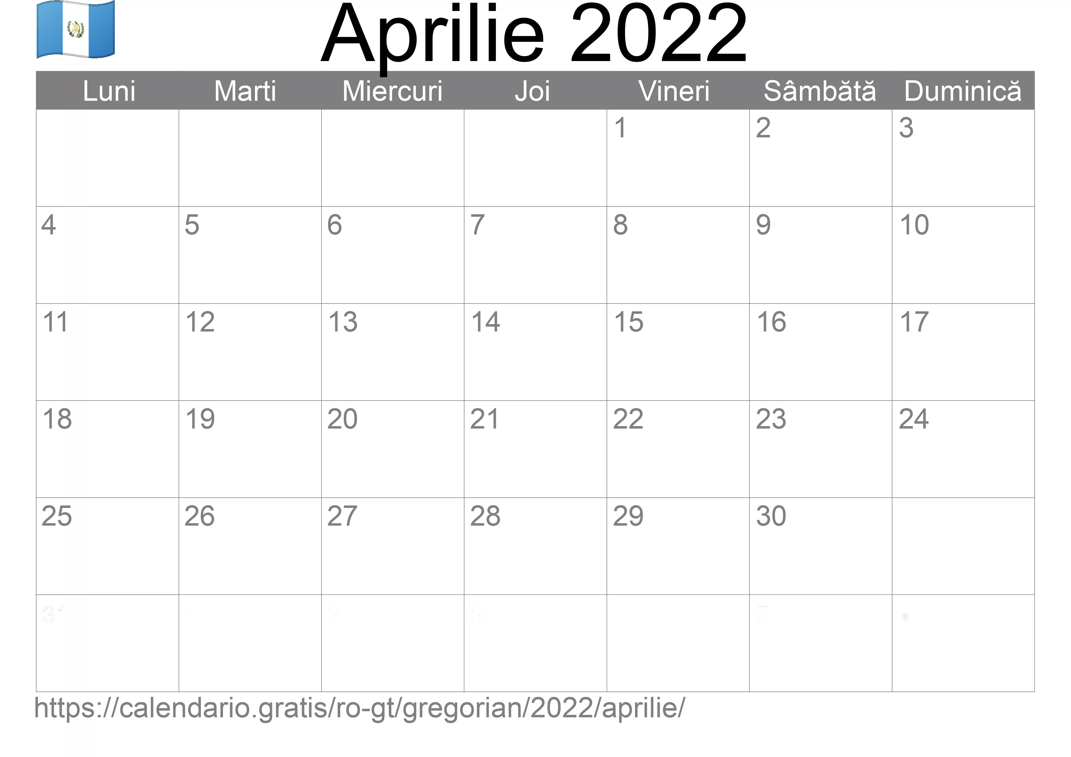 Calendar Aprilie 2022 pentru imprimare (Guatemala)