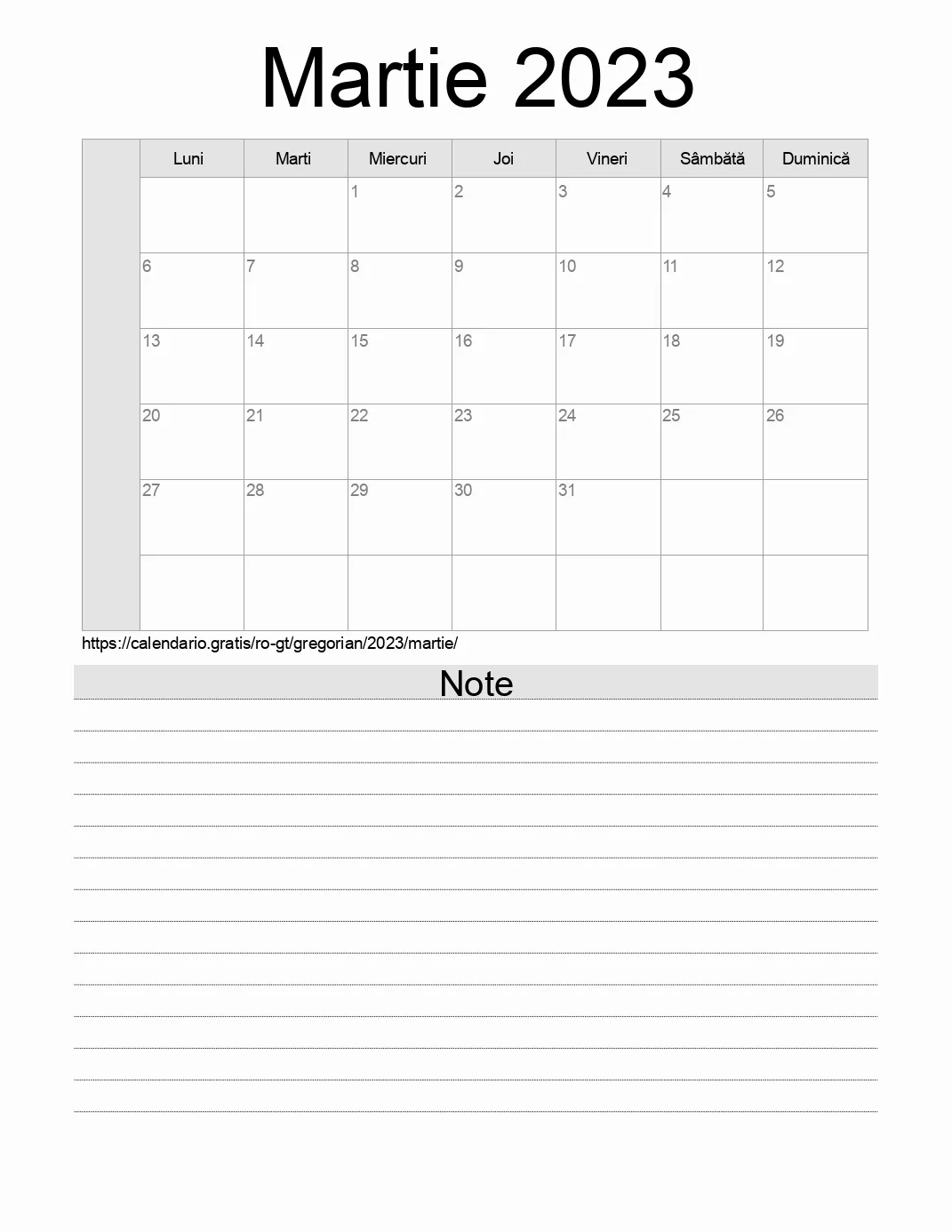 Calendar pentru Martie 2023 de imprimat cu note. (Guatemala) Calendar pentru Martie 2023 de imprimat cu note. (Guatemala)