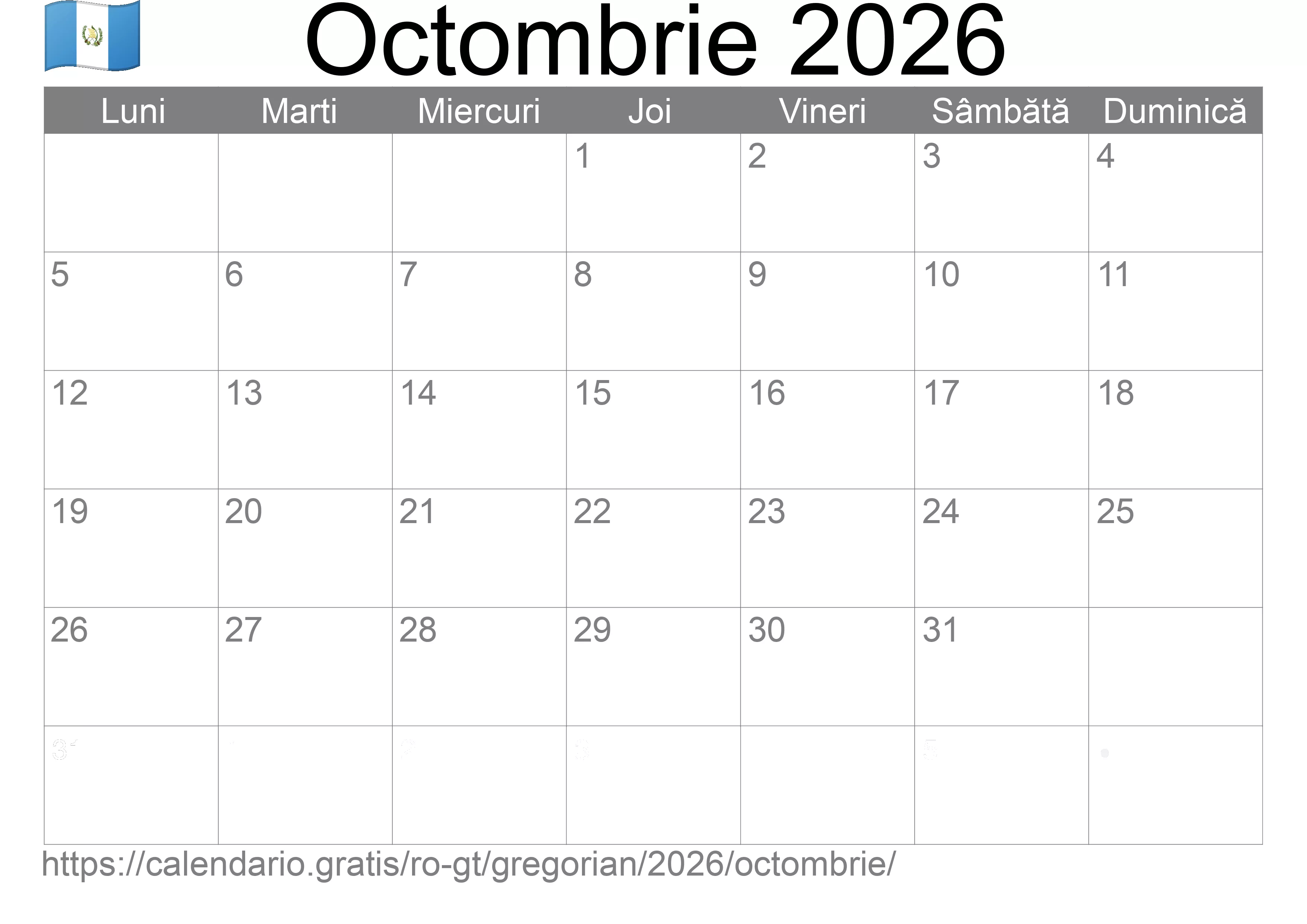 Calendar Octombrie 2026 pentru imprimare (Guatemala) Calendar Octombrie 2026 pentru imprimare (Guatemala)