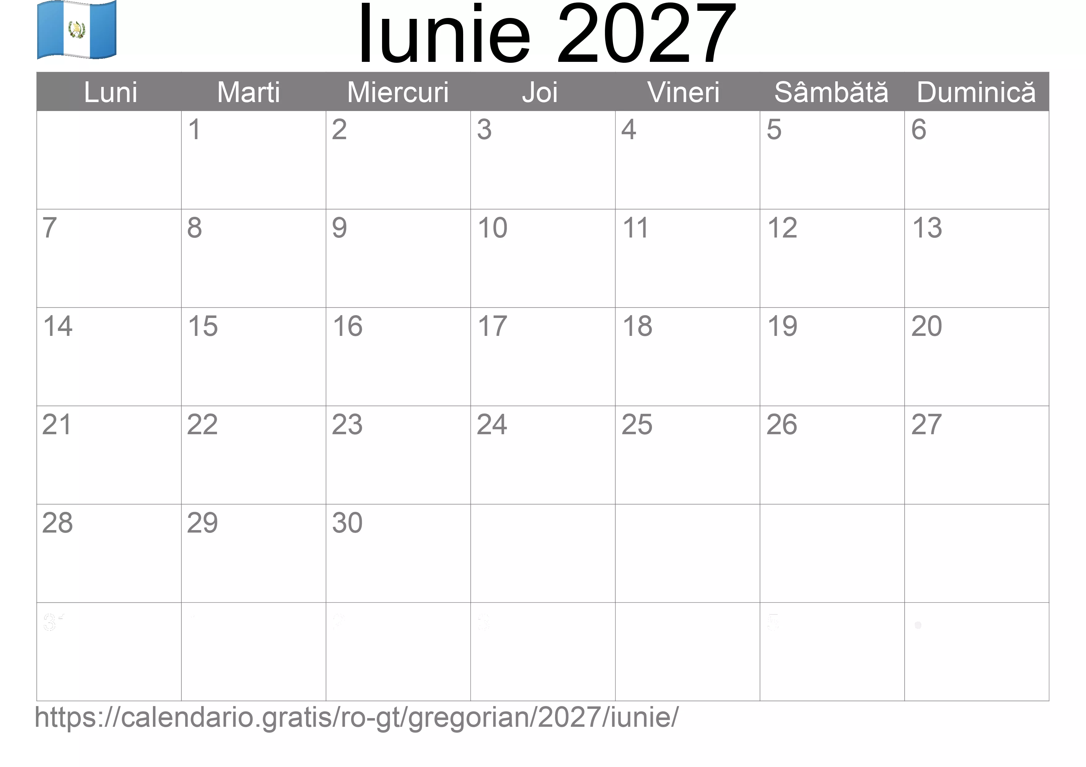 Calendar Iunie 2027 pentru imprimare (Guatemala)