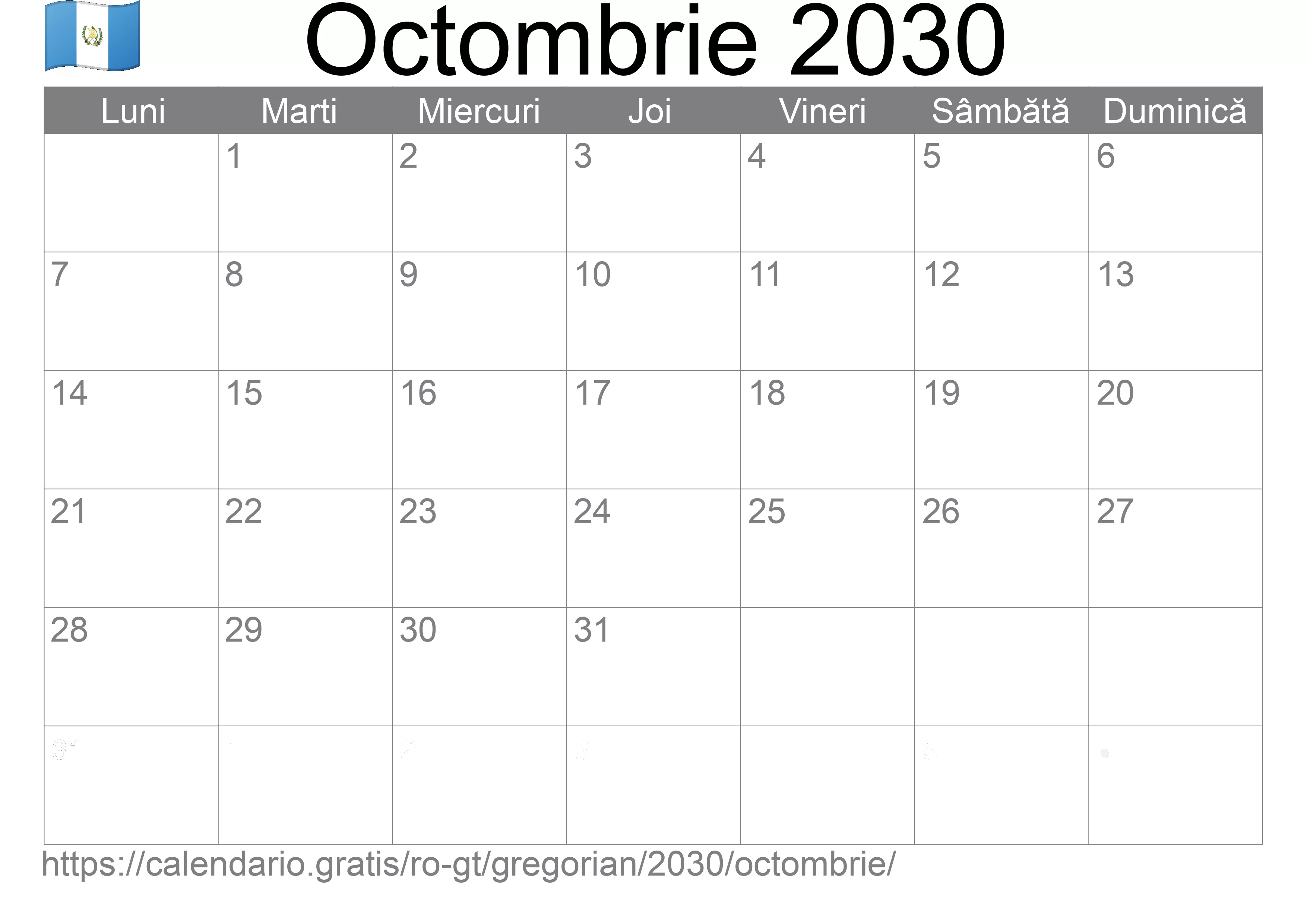 Calendar Octombrie 2030 pentru imprimare (Guatemala) Calendar Octombrie 2030 pentru imprimare (Guatemala)