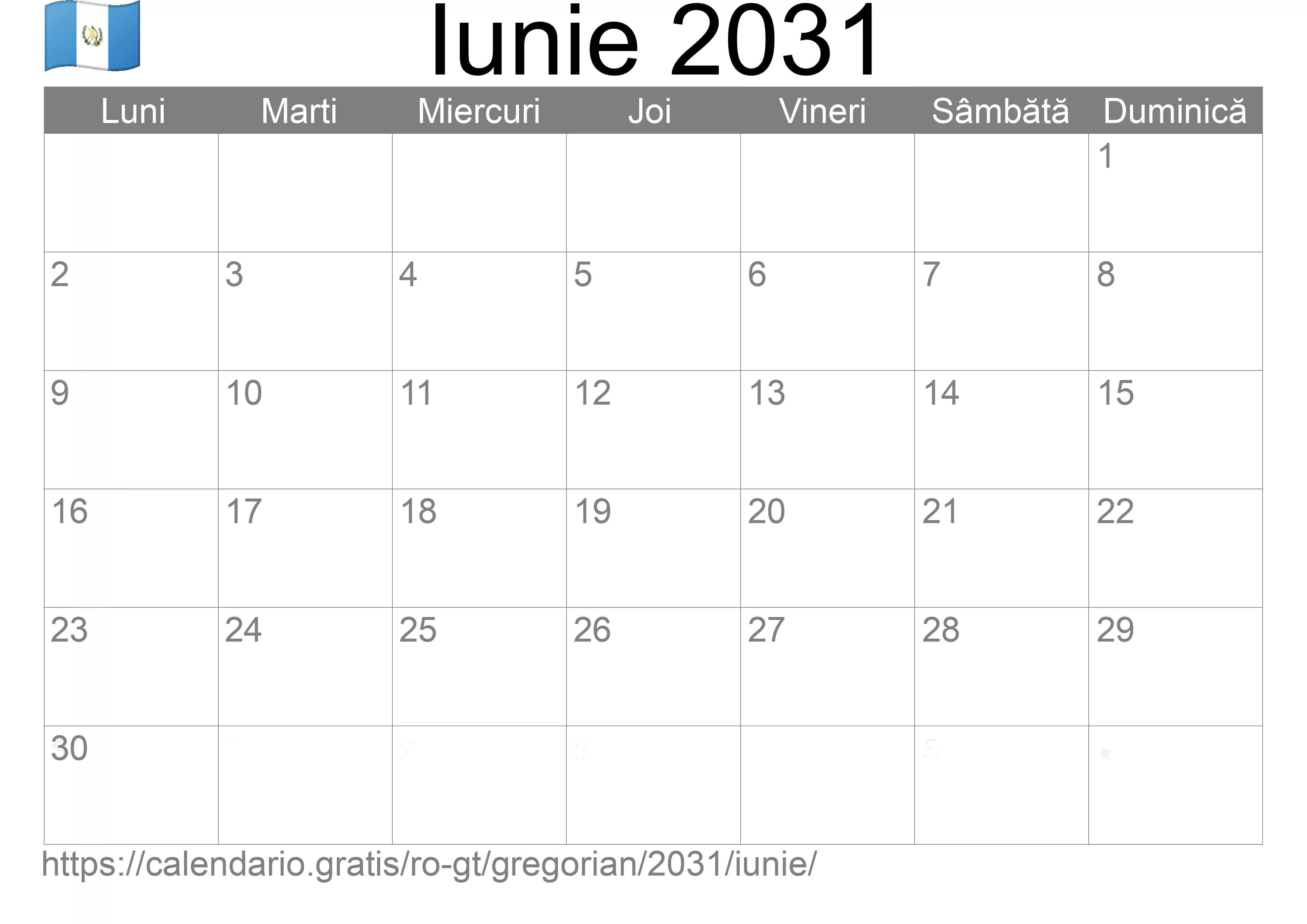 Calendar Iunie 2031 pentru imprimare (Guatemala)