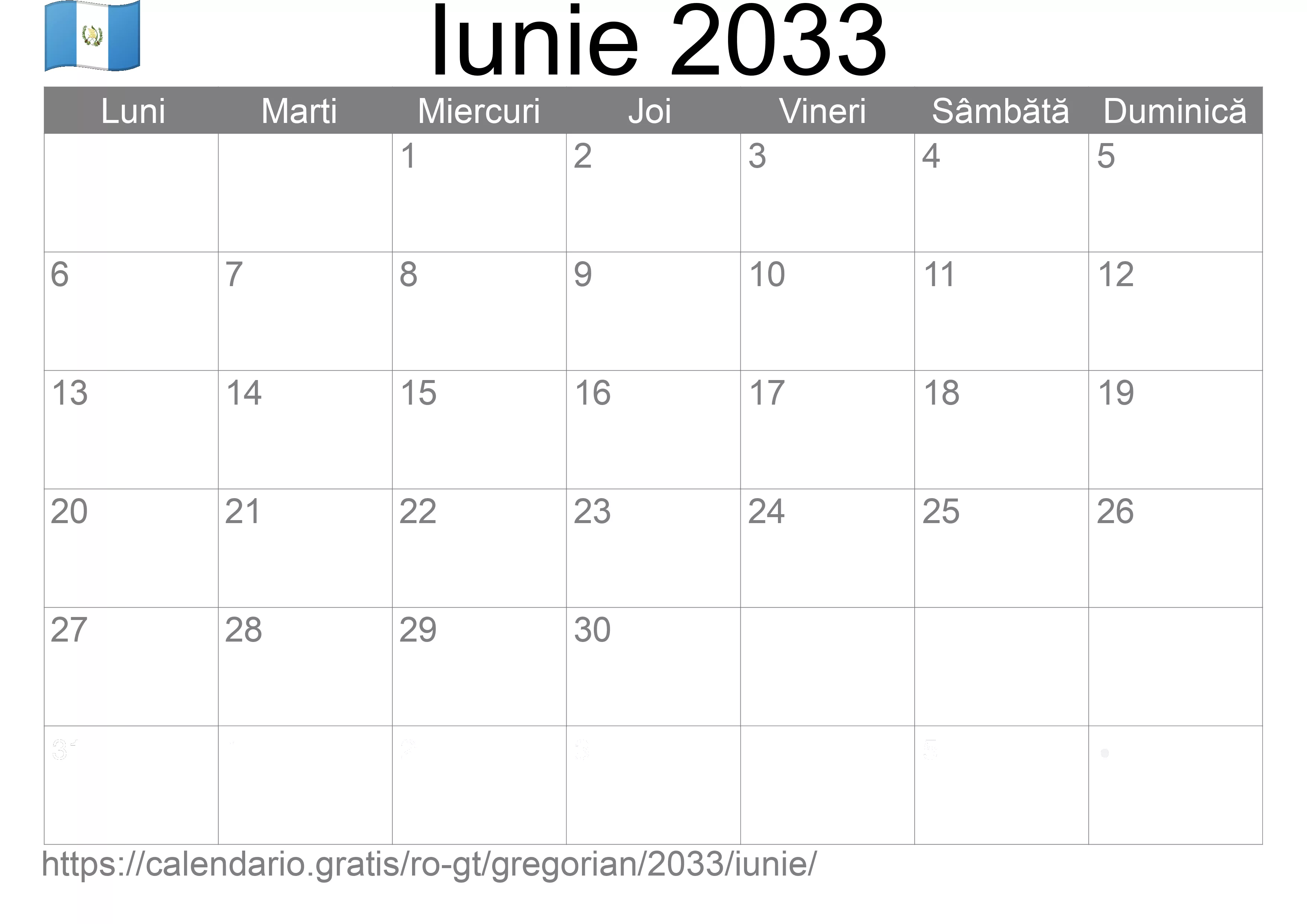 Calendar Iunie 2033 pentru imprimare (Guatemala)