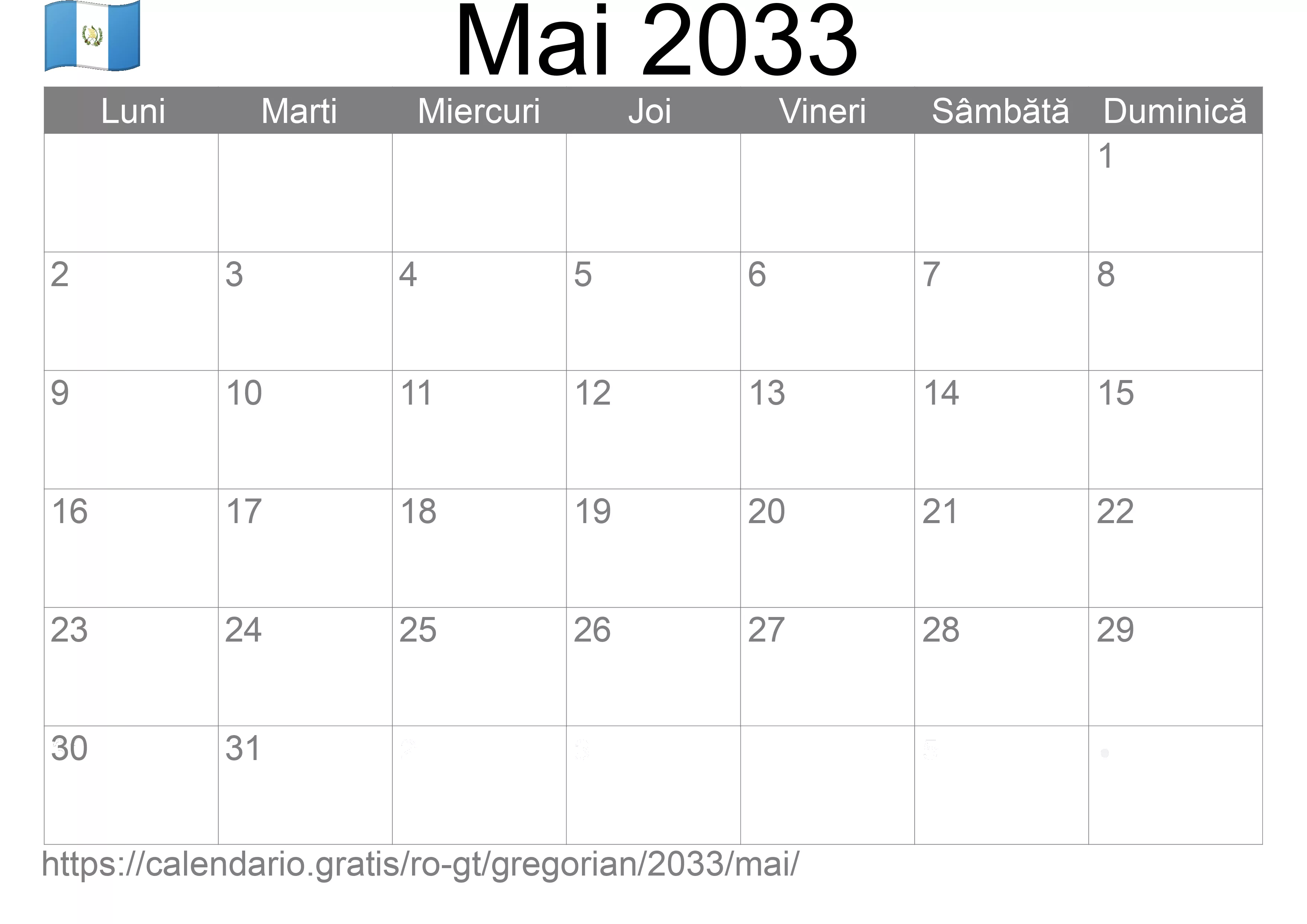 Calendar Mai 2033 pentru imprimare (Guatemala)