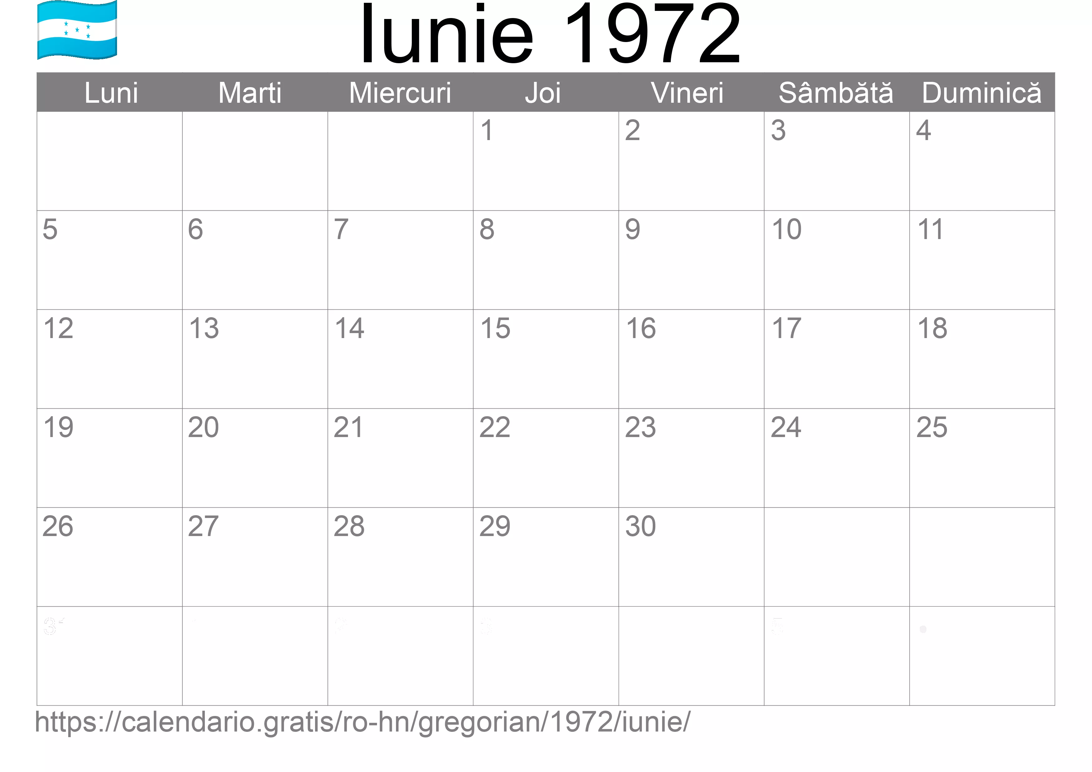 Calendar Iunie 1972 pentru imprimare (Honduras)
