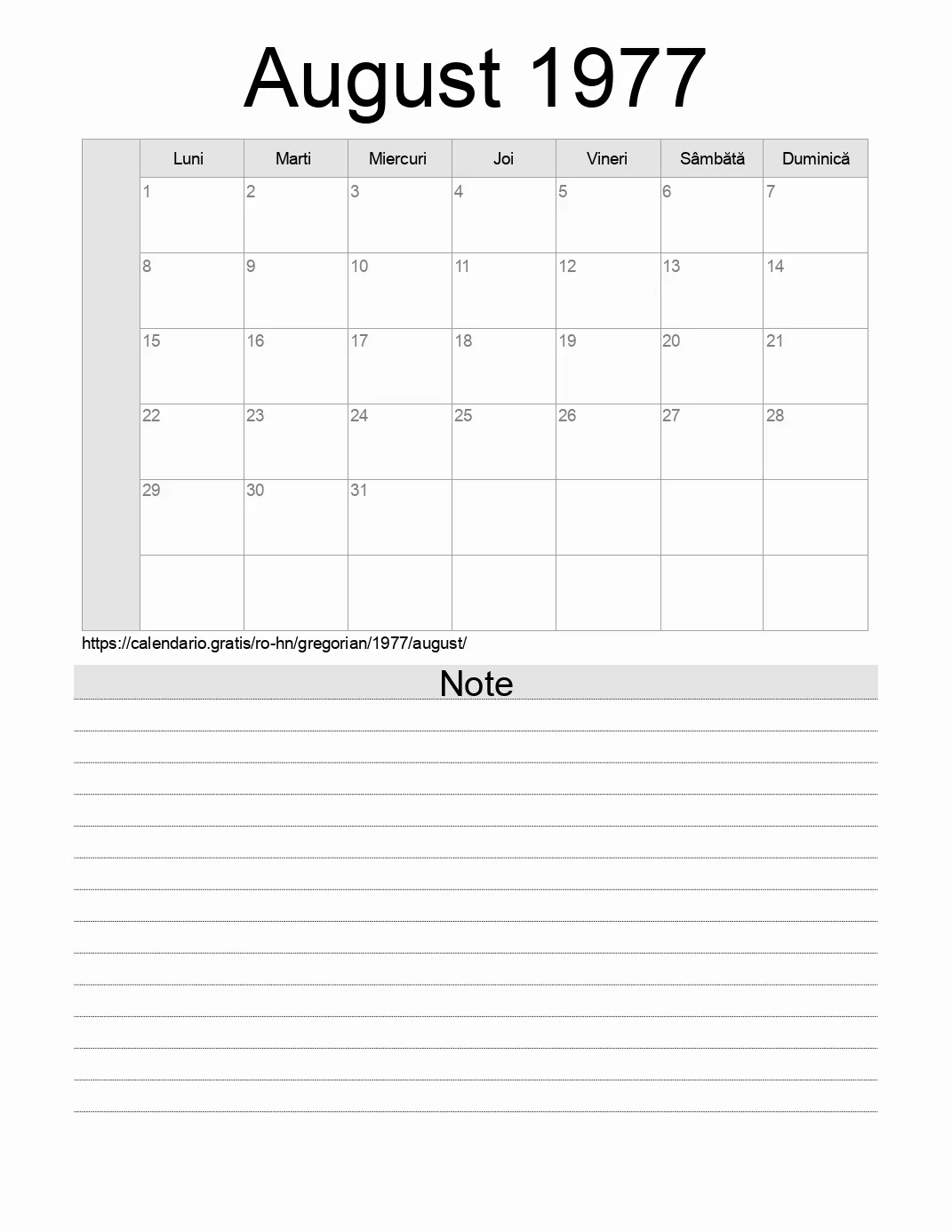 Calendar pentru August 1977 de imprimat cu note. (Honduras) Calendar pentru August 1977 de imprimat cu note. (Honduras)