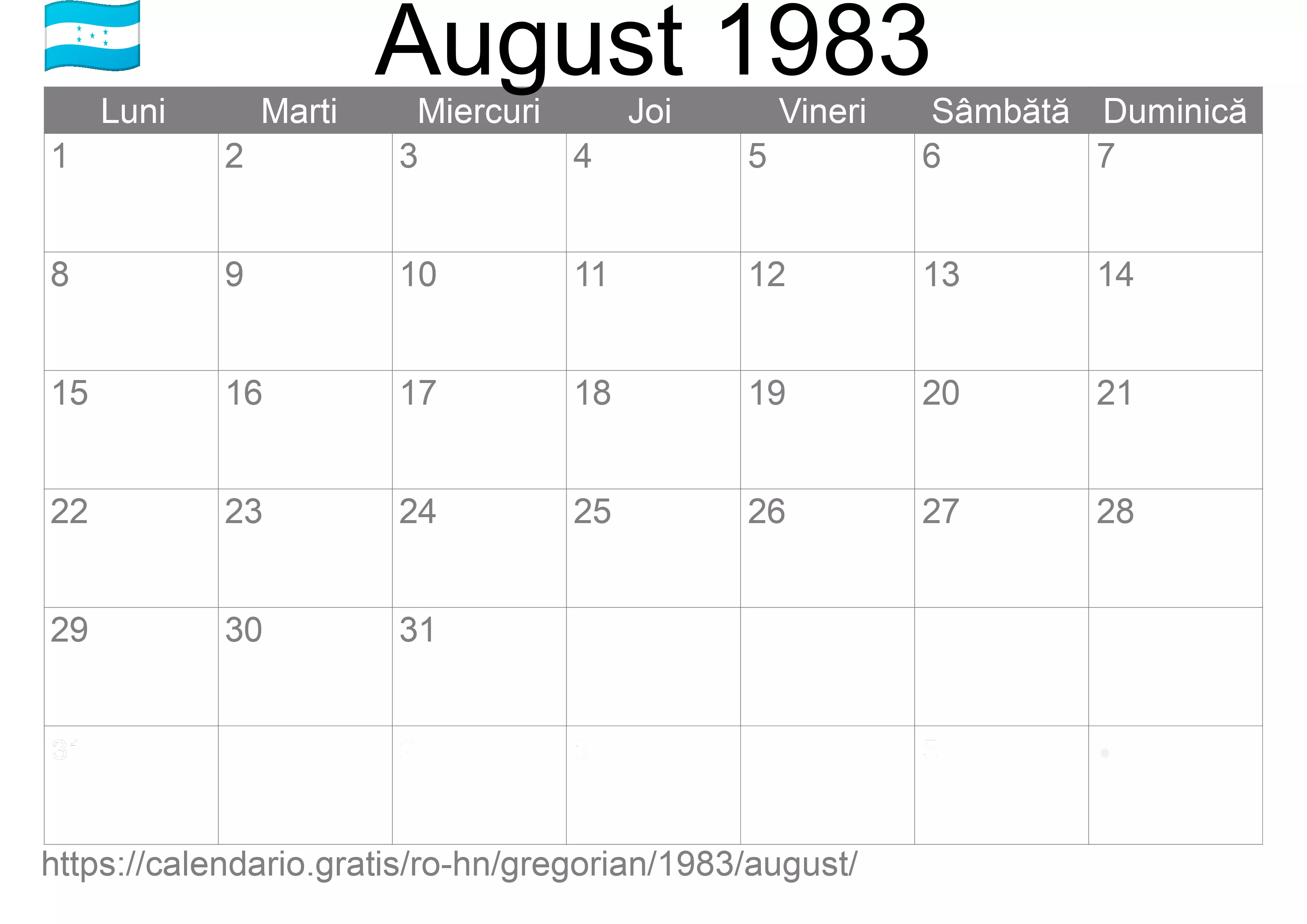 Calendar August 1983 pentru imprimare (Honduras) Calendar August 1983 pentru imprimare (Honduras)