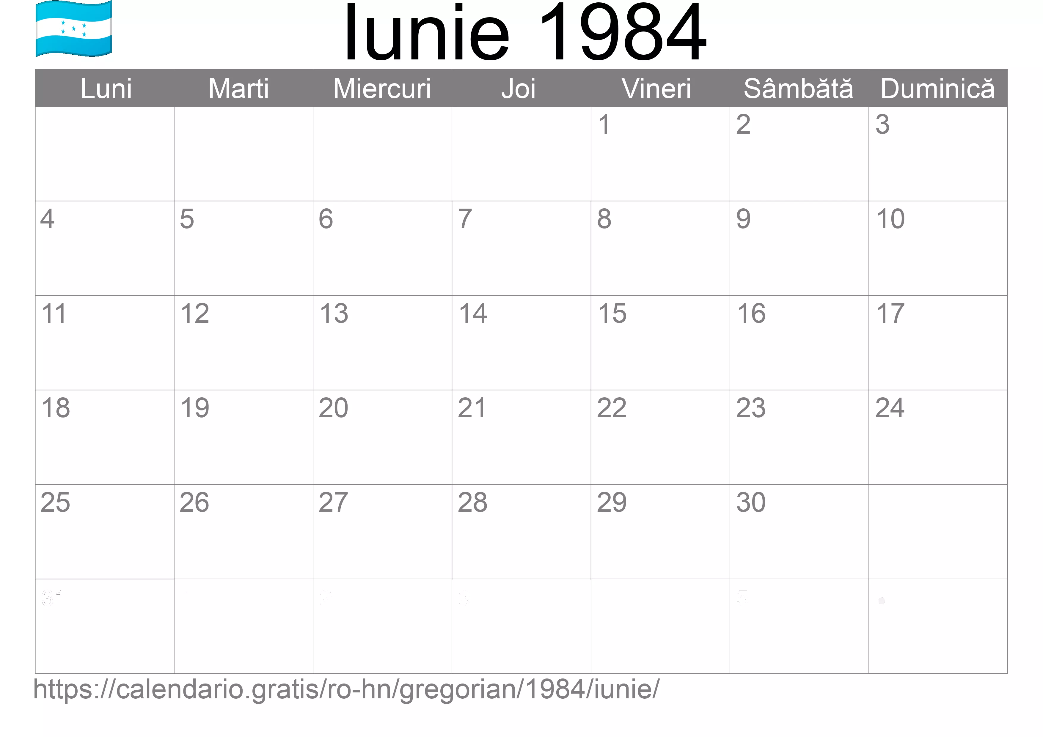 Calendar Iunie 1984 pentru imprimare (Honduras)