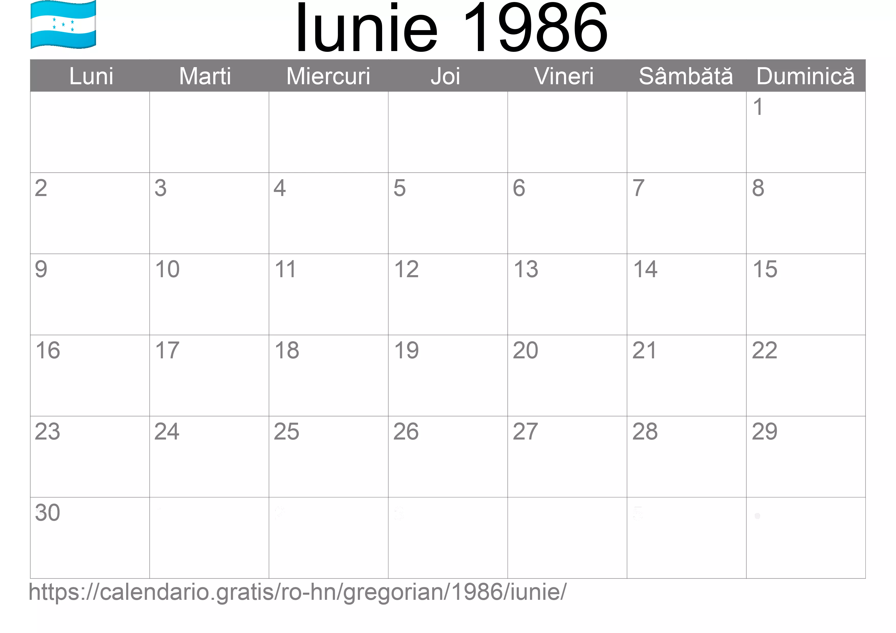 Calendar Iunie 1986 pentru imprimare (Honduras)
