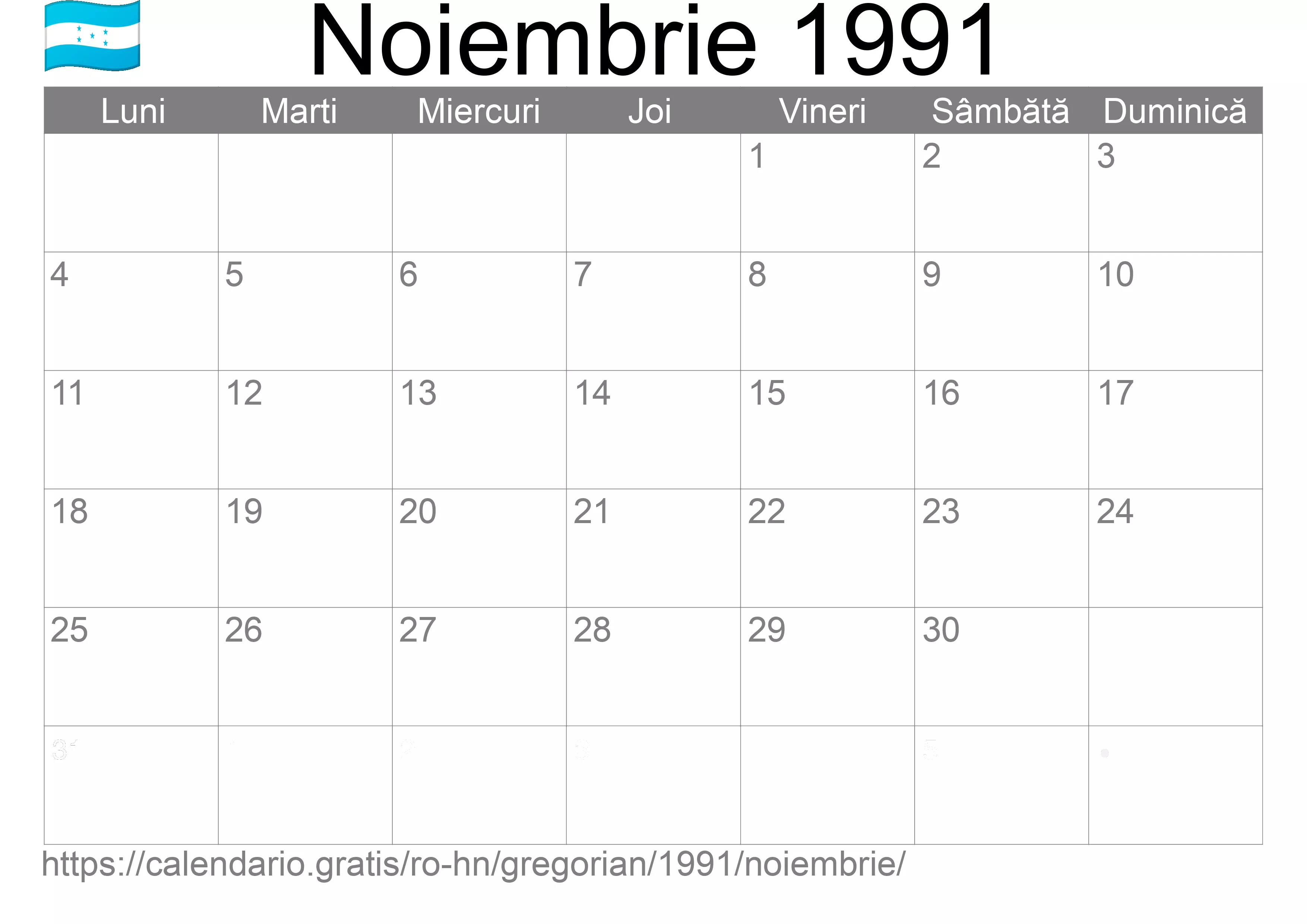 Calendar Noiembrie 1991 pentru imprimare (Honduras)
