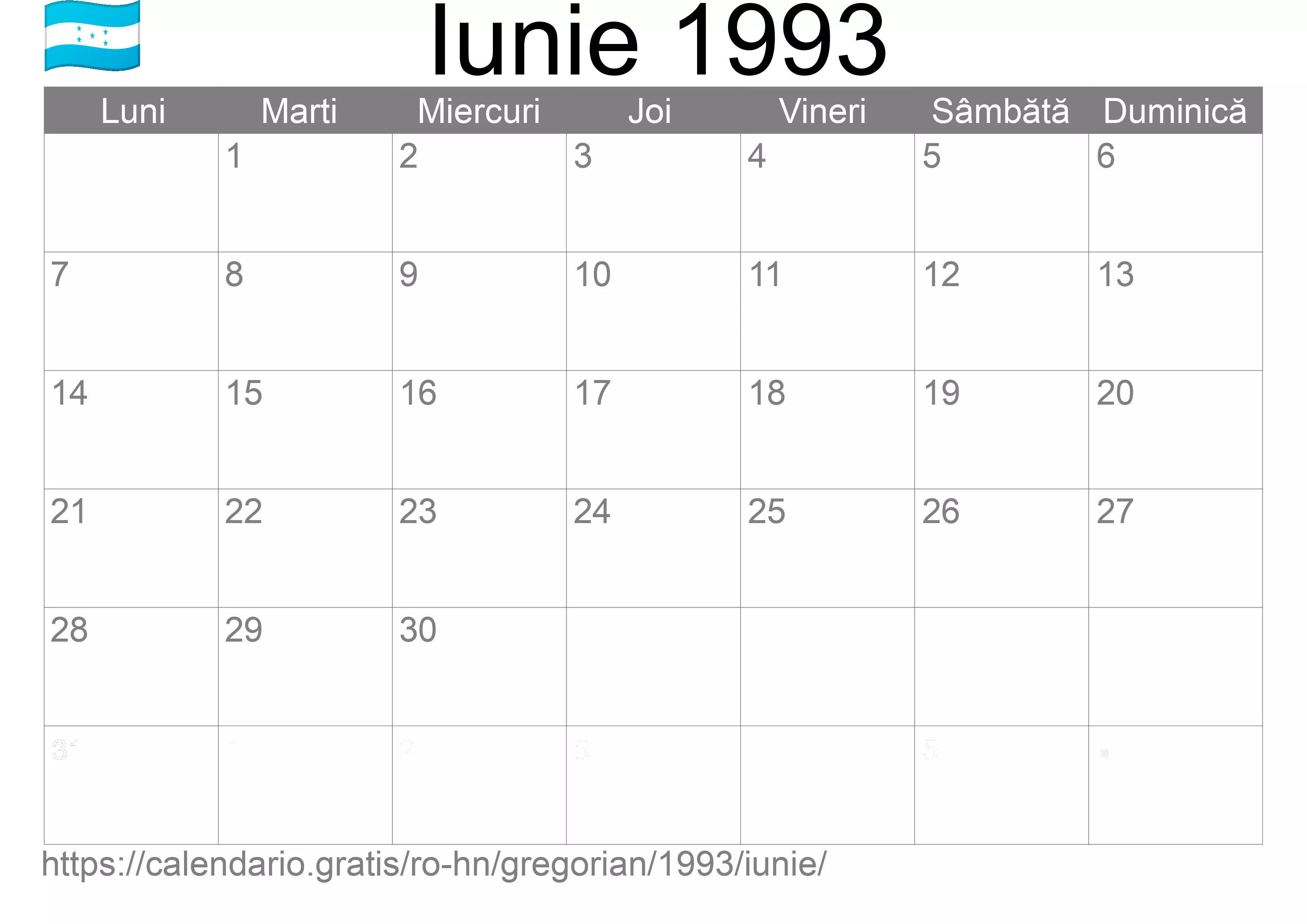 Calendar Iunie 1993 pentru imprimare (Honduras)