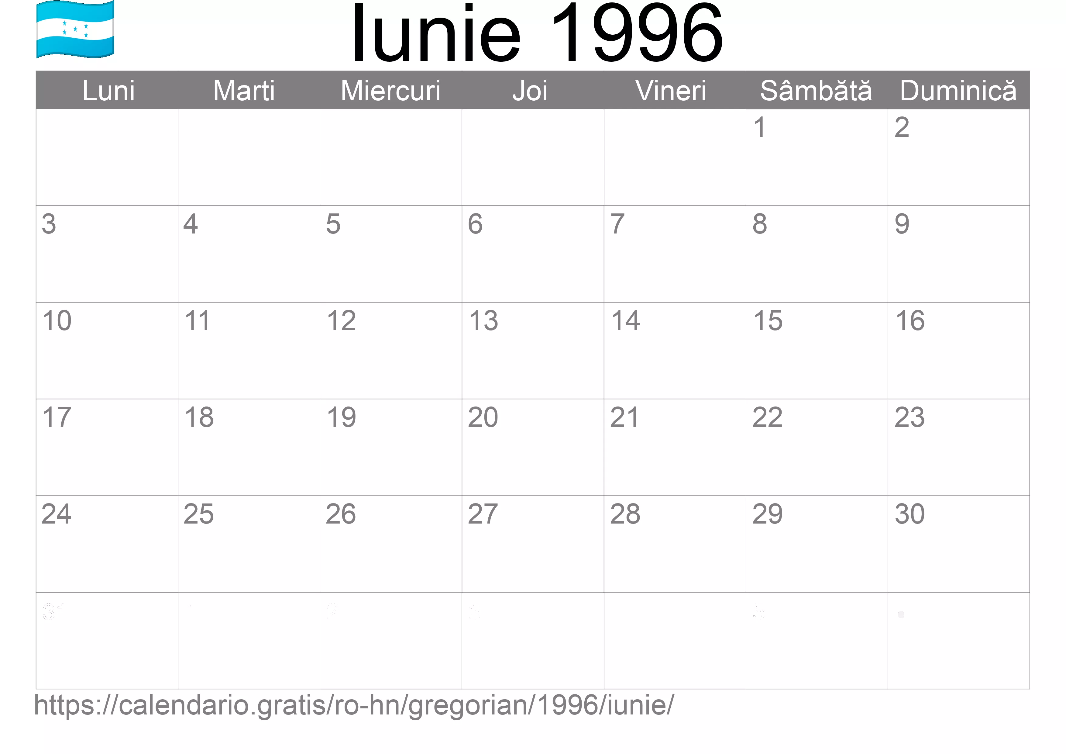 Calendar Iunie 1996 pentru imprimare (Honduras)