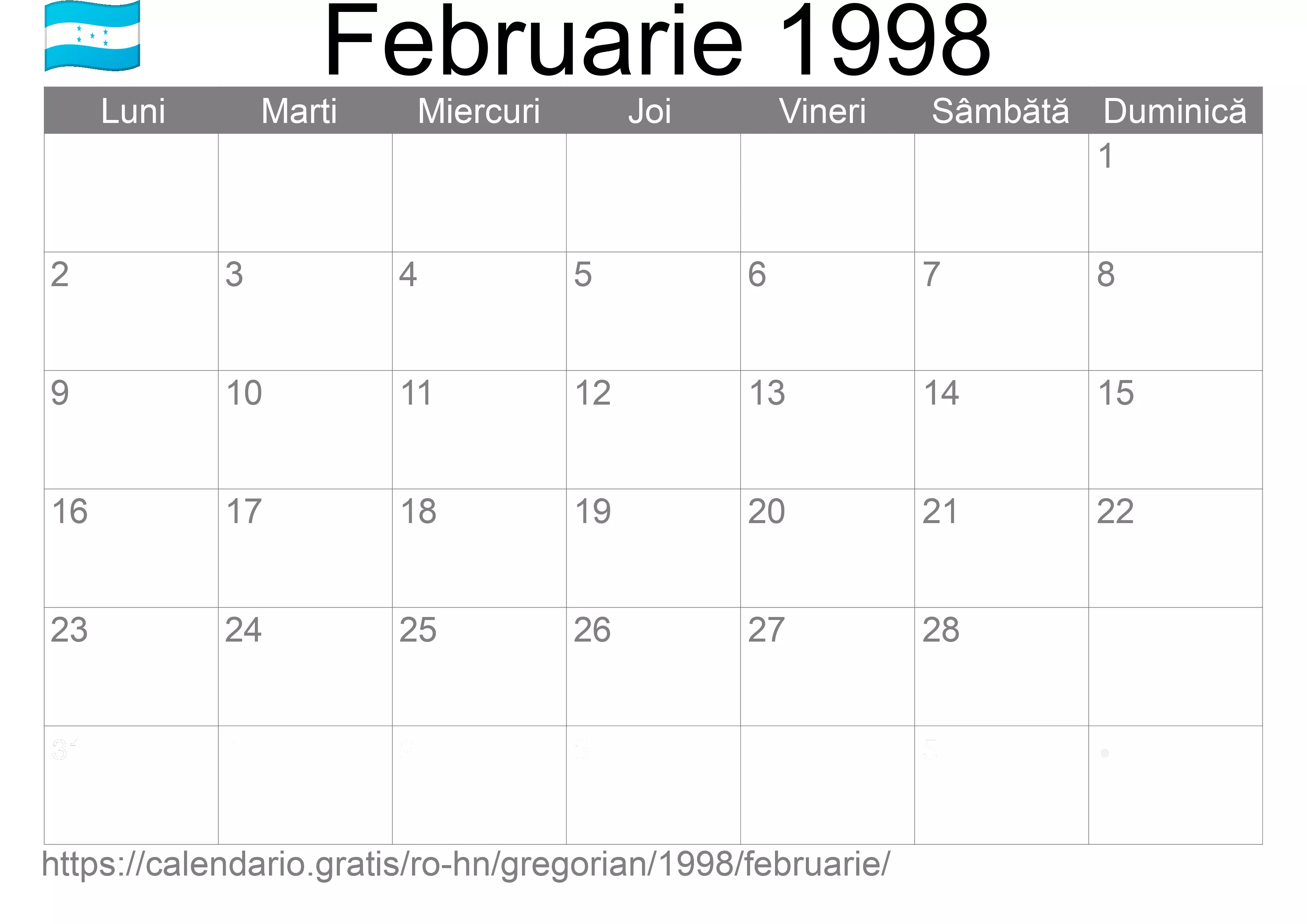 Calendar Februarie 1998 pentru imprimare (Honduras)