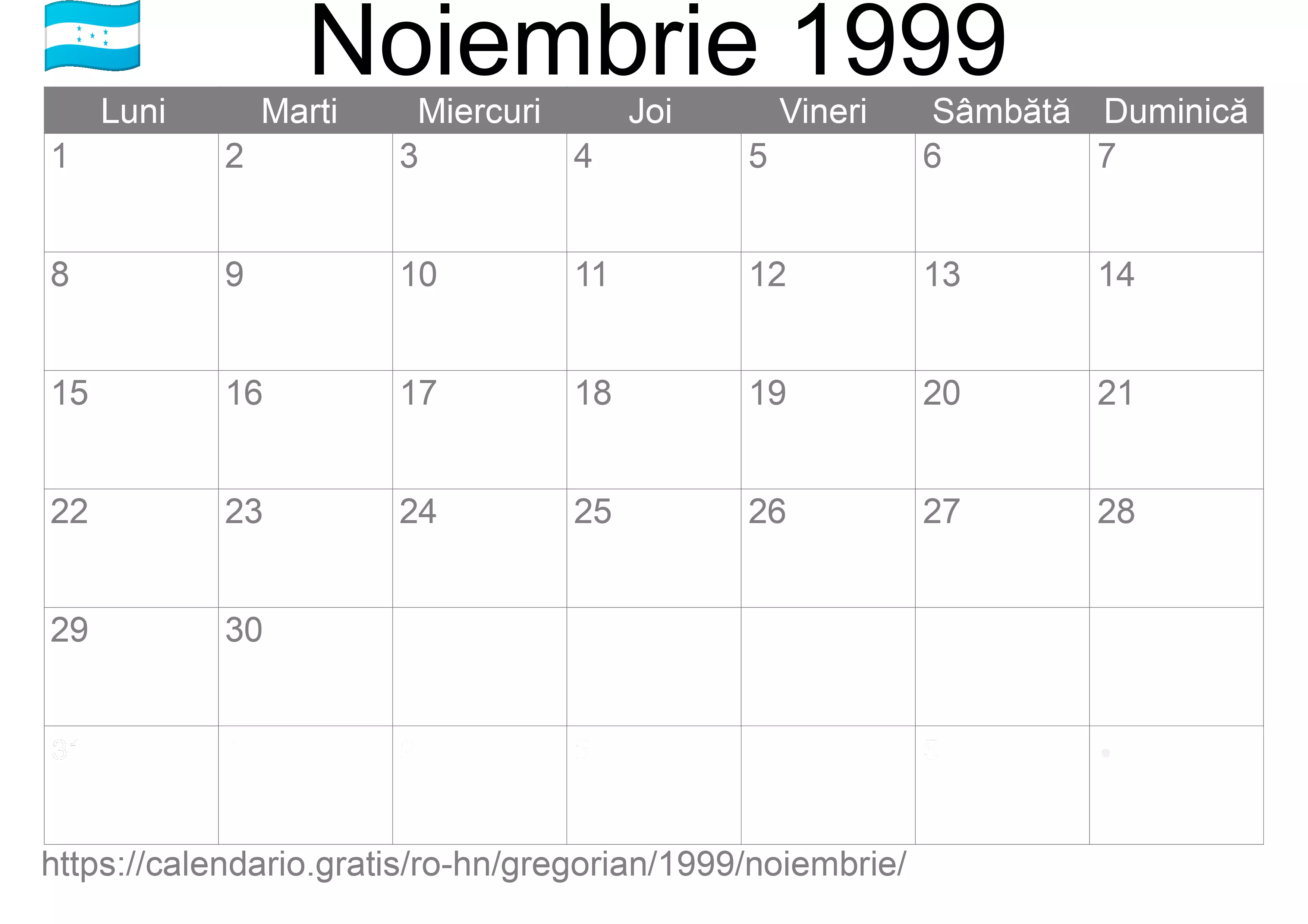 Calendar Noiembrie 1999 pentru imprimare (Honduras)