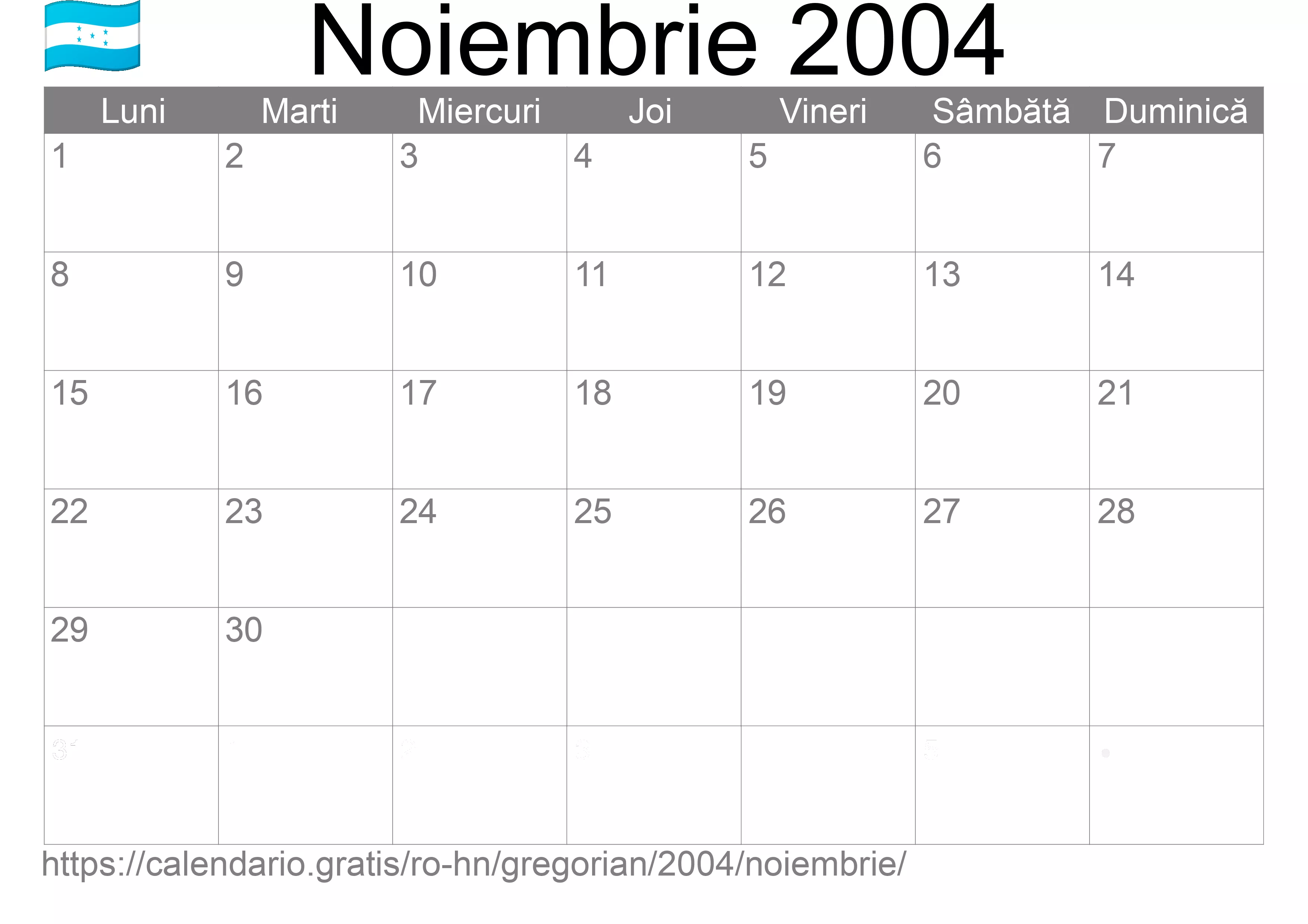 Calendar Noiembrie 2004 pentru imprimare (Honduras)