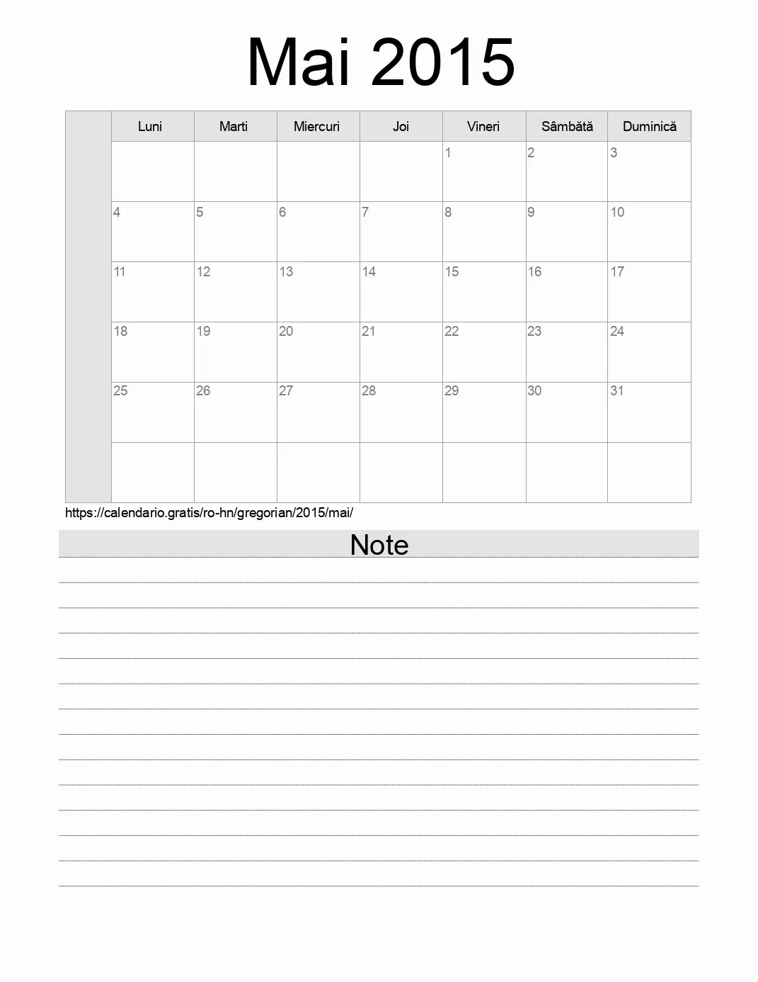 Calendar pentru Mai 2015 de imprimat cu note. (Honduras) Calendar pentru Mai 2015 de imprimat cu note. (Honduras)