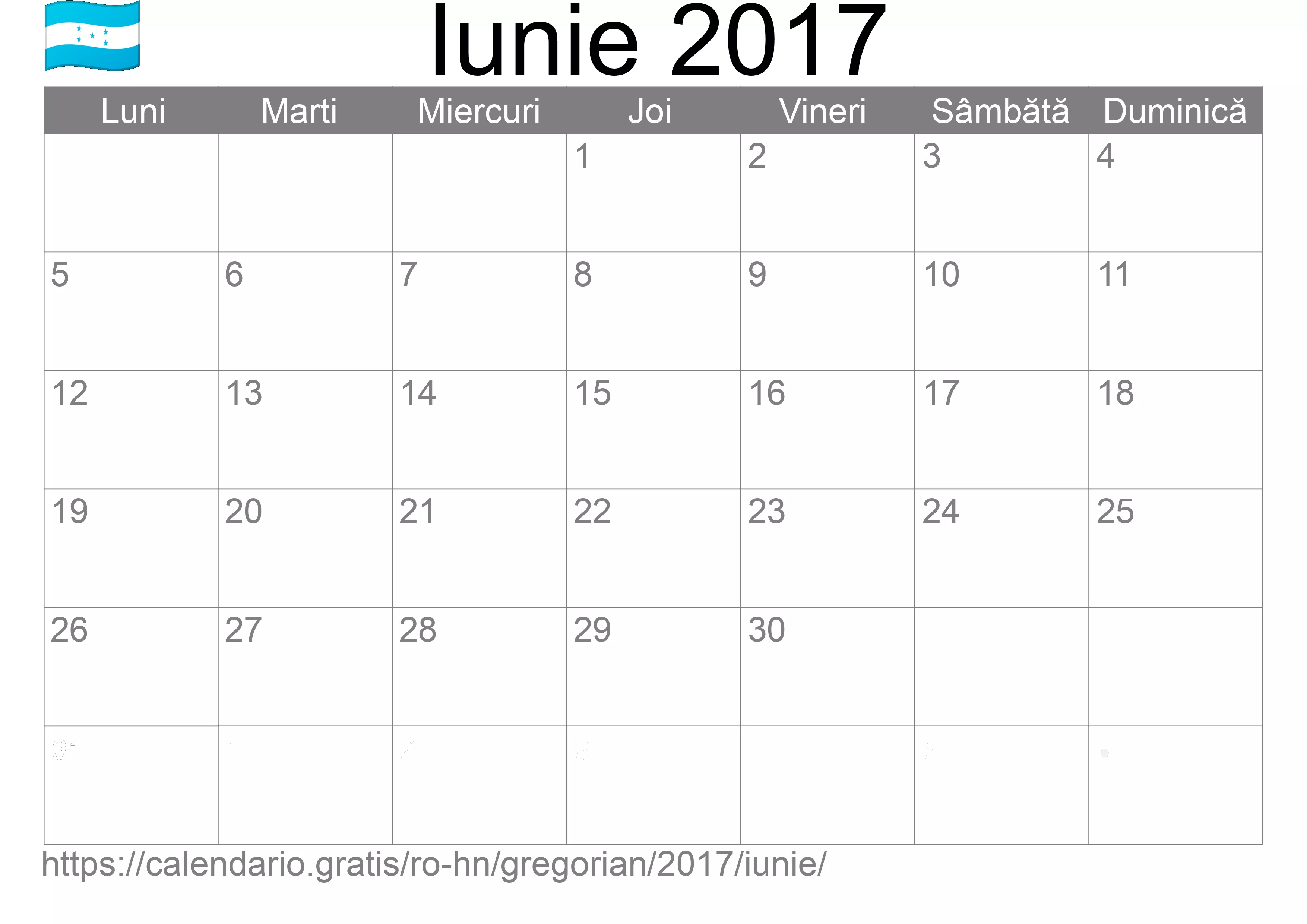 Calendar Iunie 2017 pentru imprimare (Honduras)