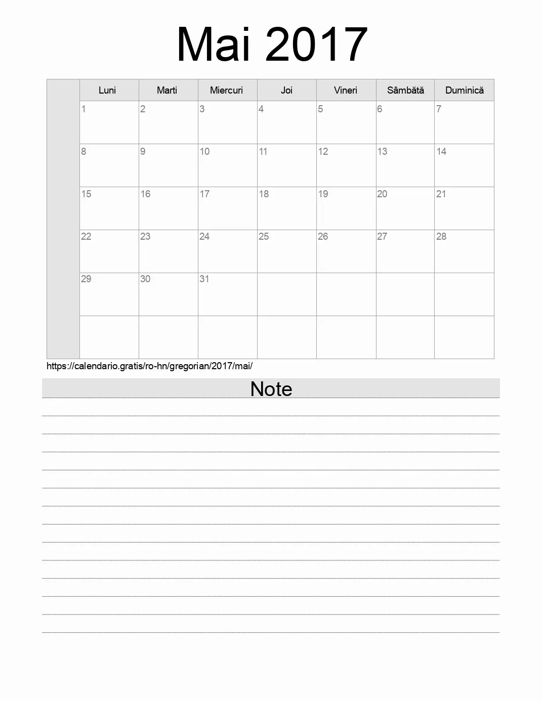 Calendar pentru Mai 2017 de imprimat cu note. (Honduras) Calendar pentru Mai 2017 de imprimat cu note. (Honduras)