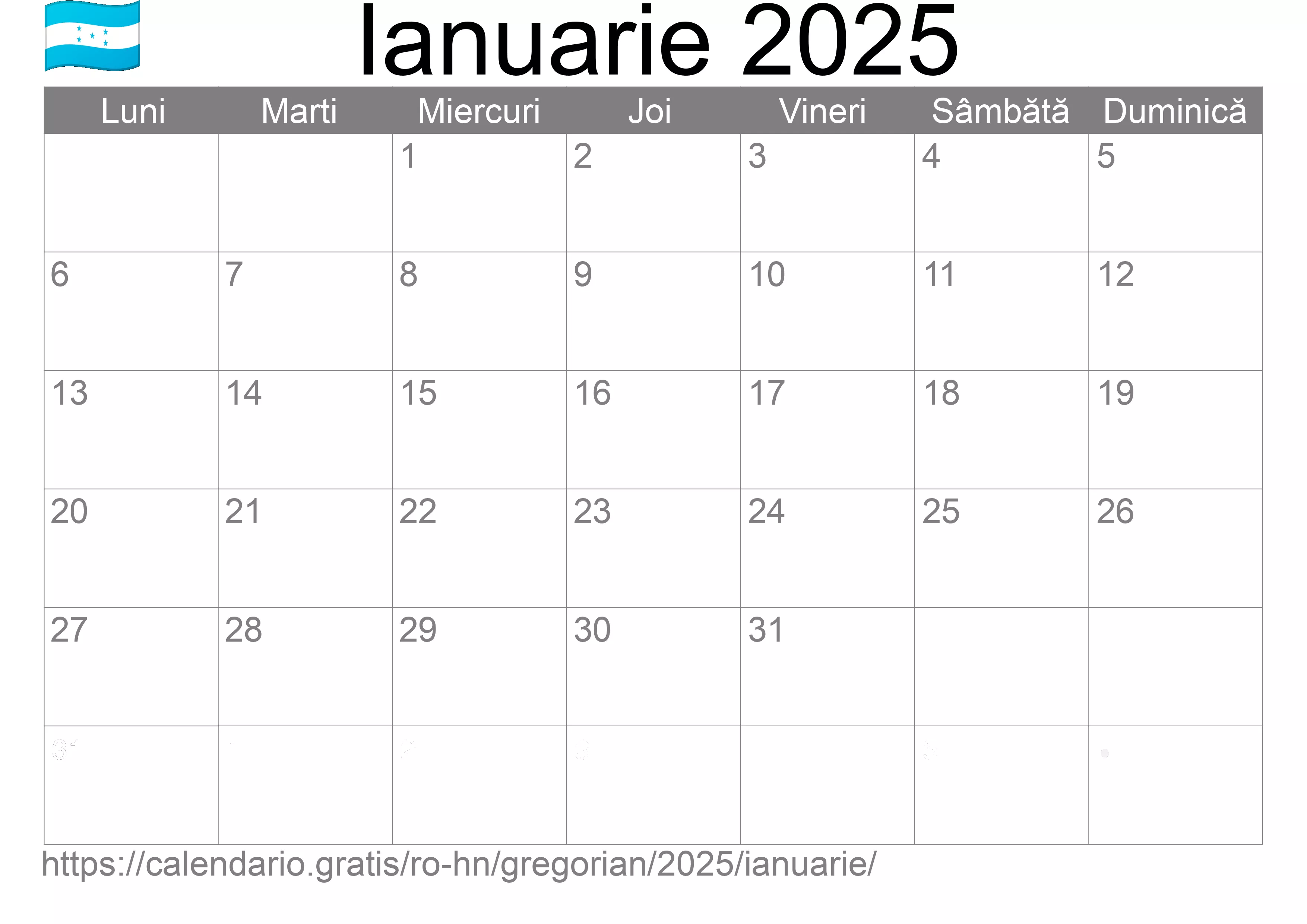 Calendar Ianuarie 2025 pentru imprimare (Honduras)