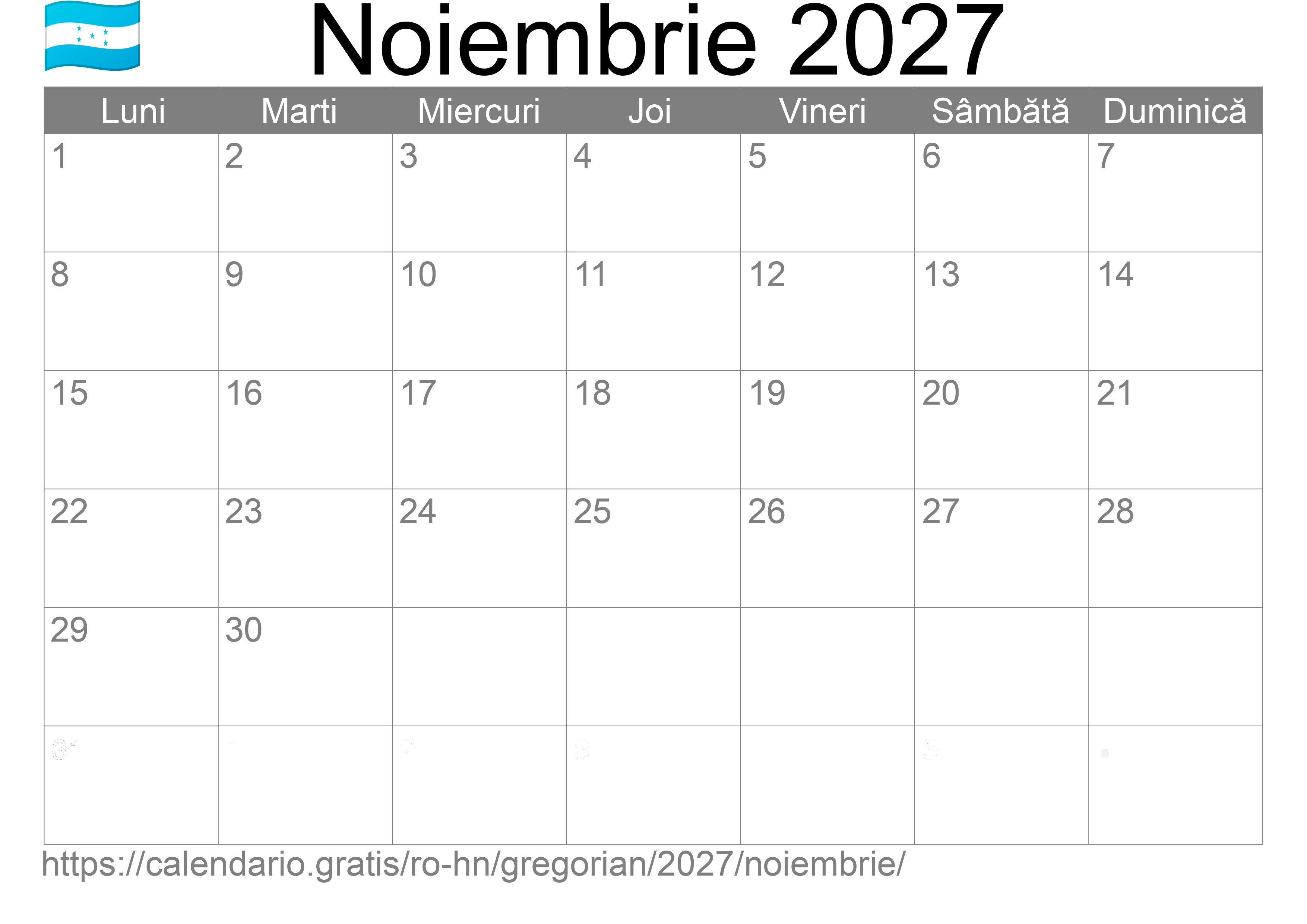 Calendar Noiembrie 2027 pentru imprimare