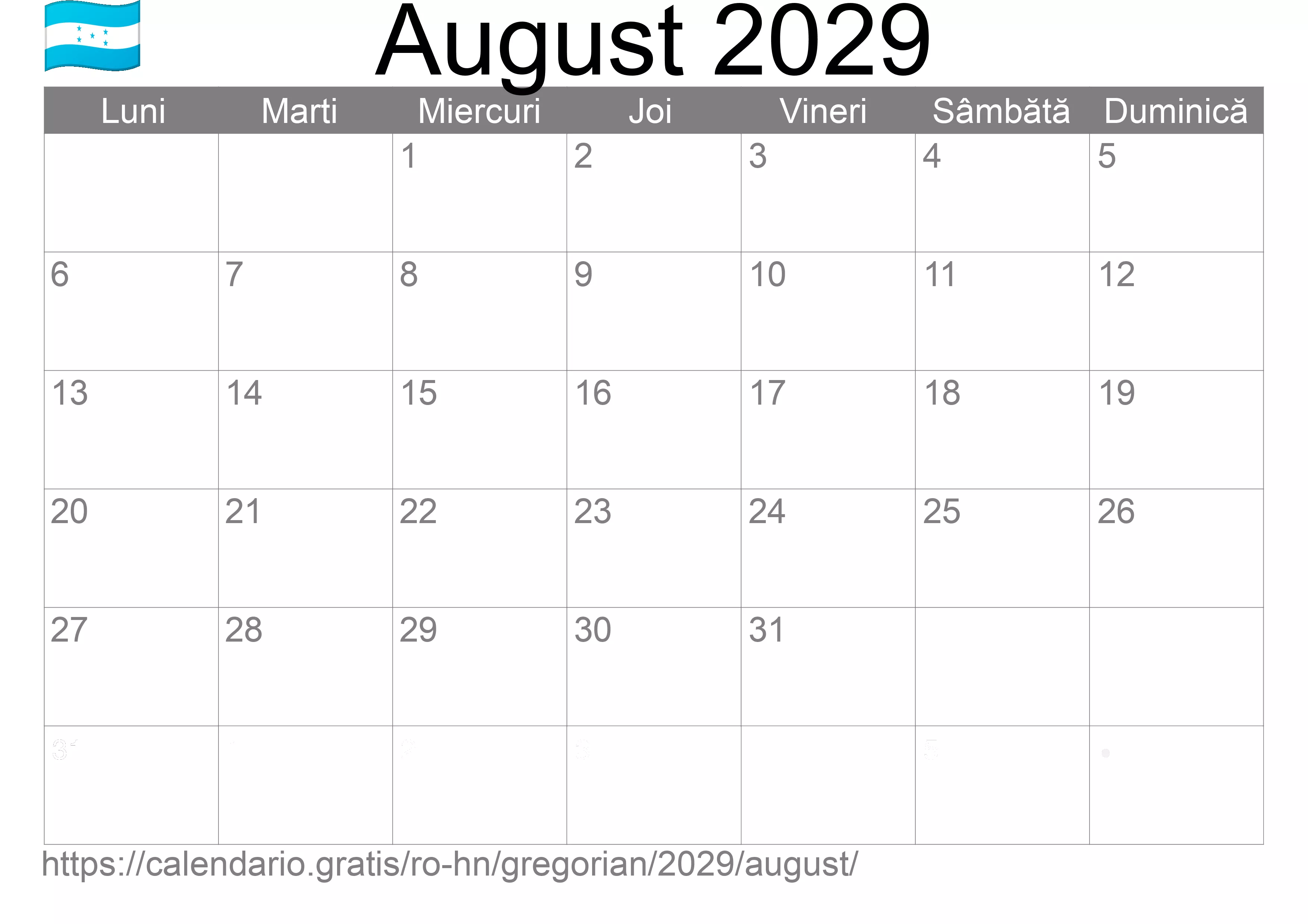 Calendar August 2029 pentru imprimare (Honduras) Calendar August 2029 pentru imprimare (Honduras)