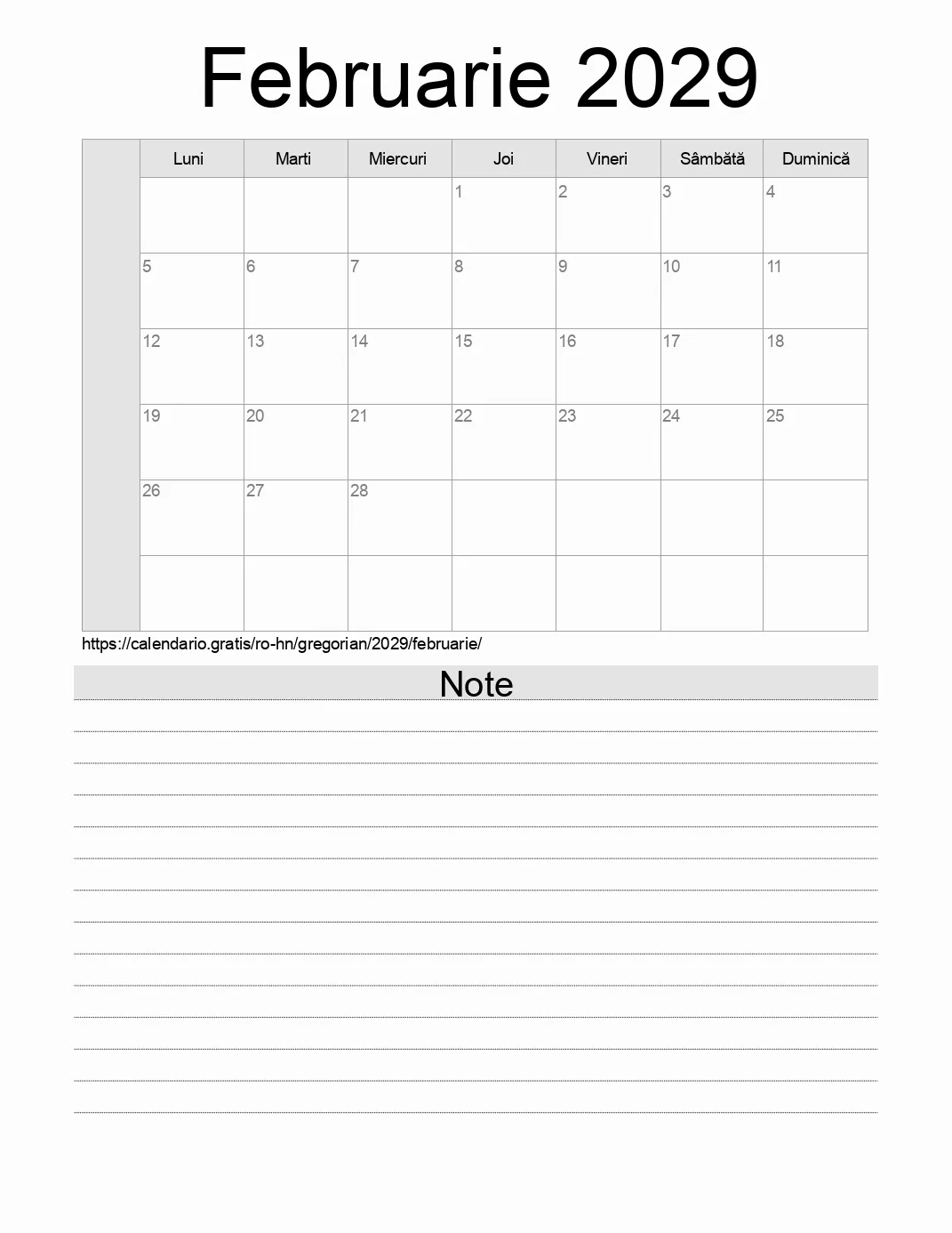 Calendar pentru Februarie 2029 de imprimat cu note. (Honduras) Calendar pentru Februarie 2029 de imprimat cu note. (Honduras)