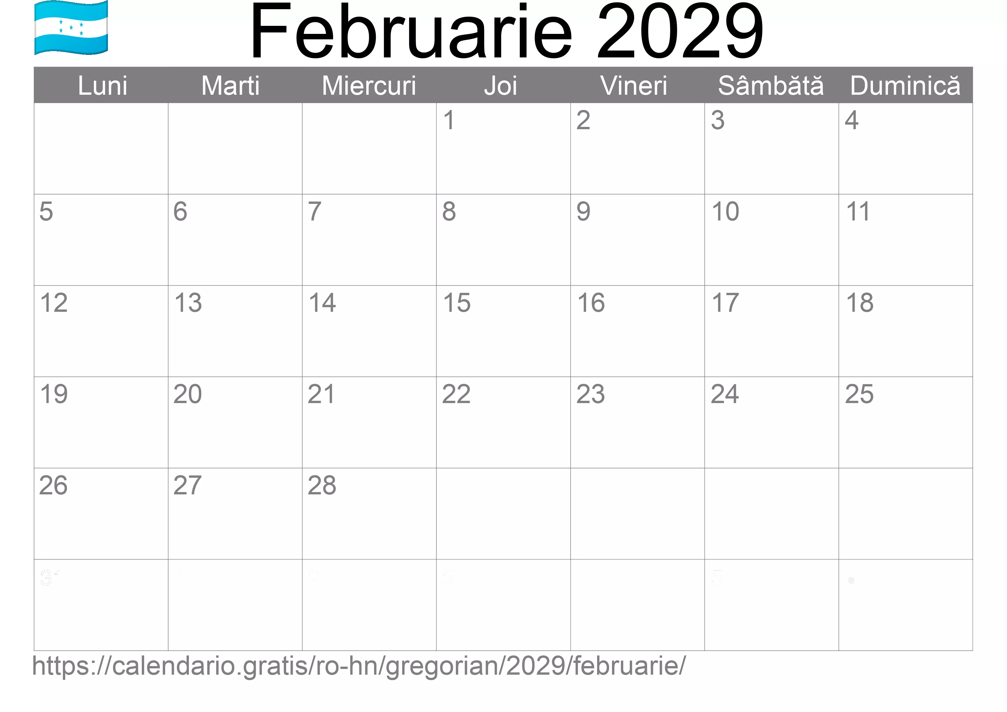Calendar Februarie 2029 pentru imprimare (Honduras) Calendar Februarie 2029 pentru imprimare (Honduras)