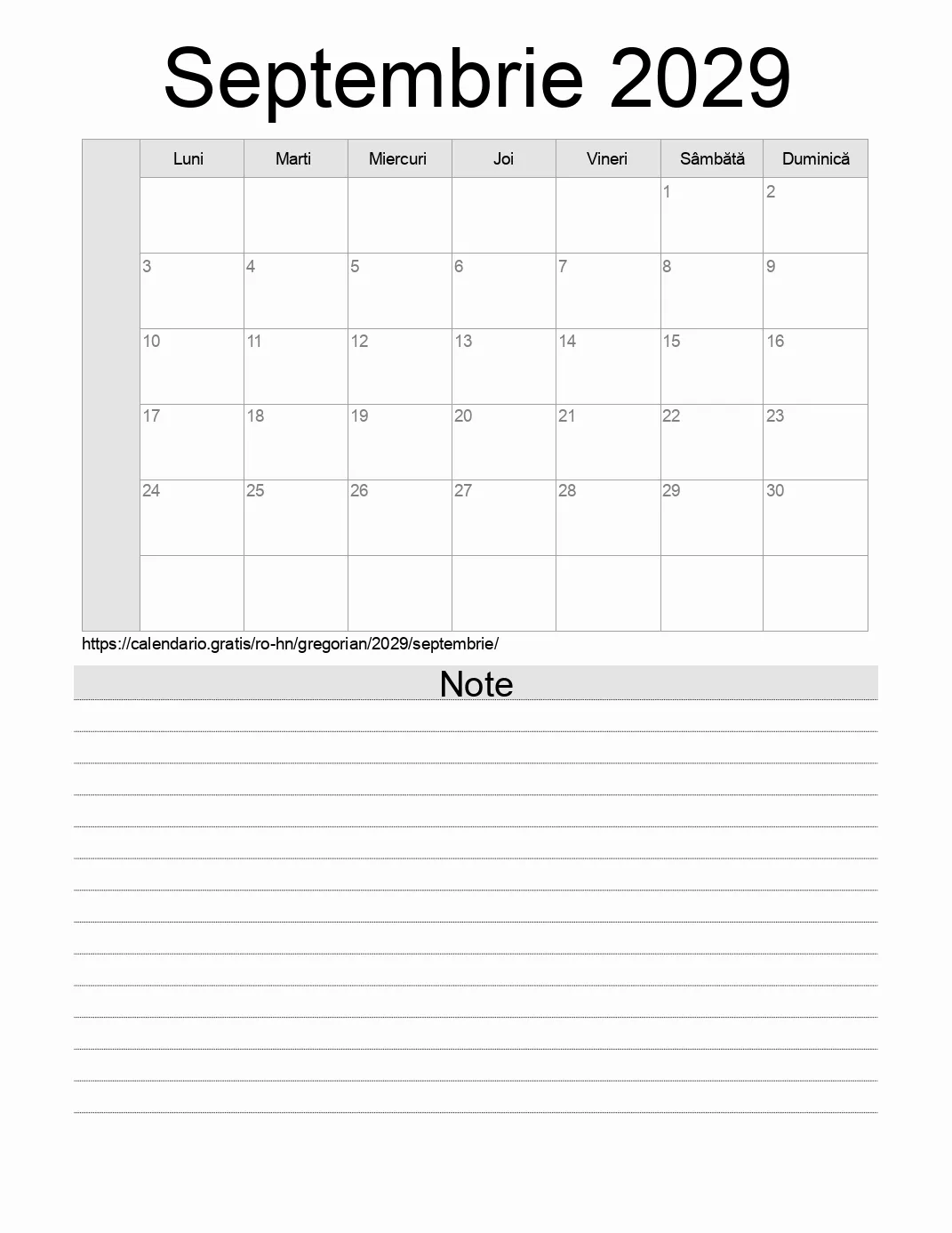 Calendar pentru Septembrie 2029 de imprimat cu note. (Honduras)