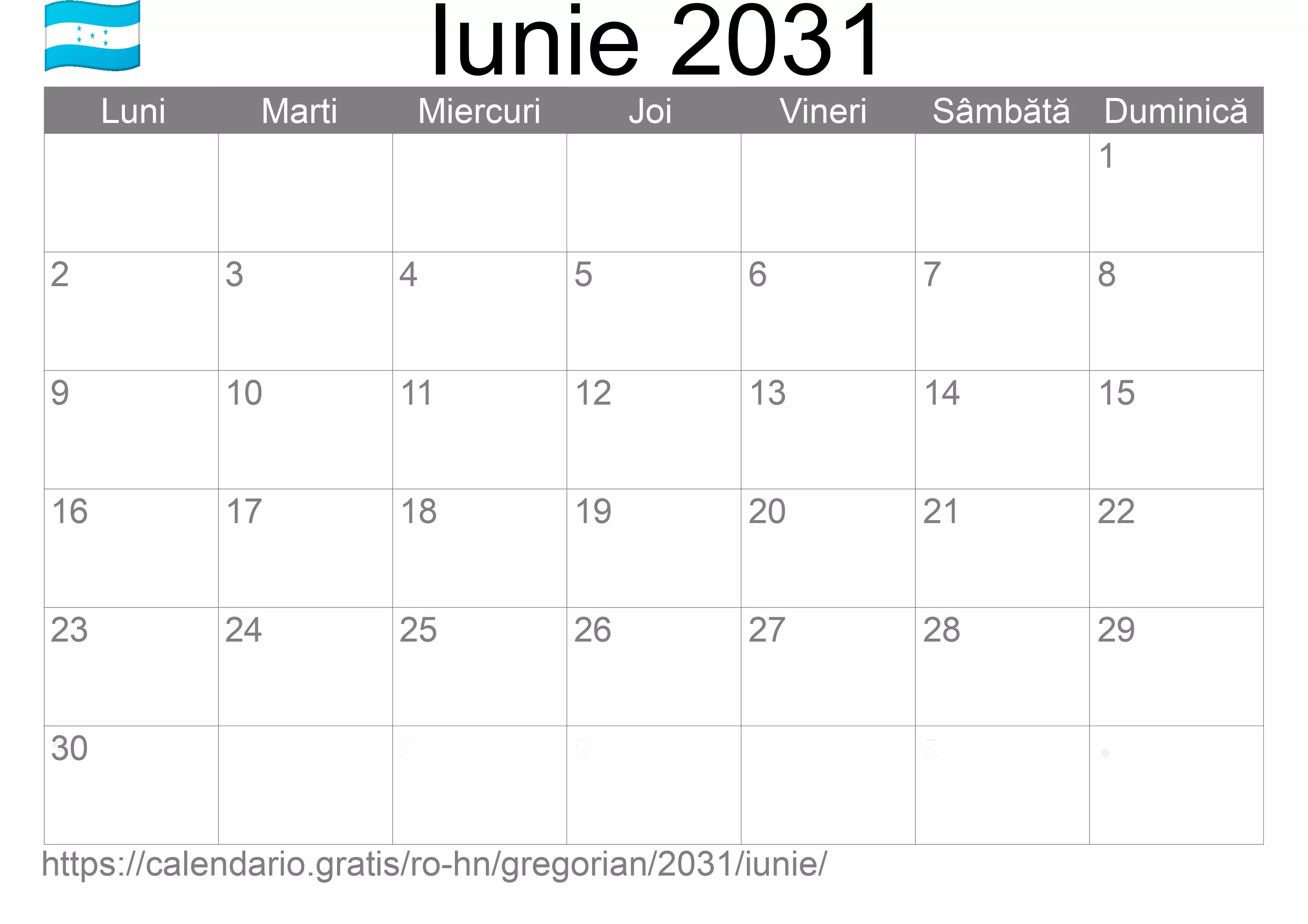 Calendar Iunie 2031 pentru imprimare (Honduras)