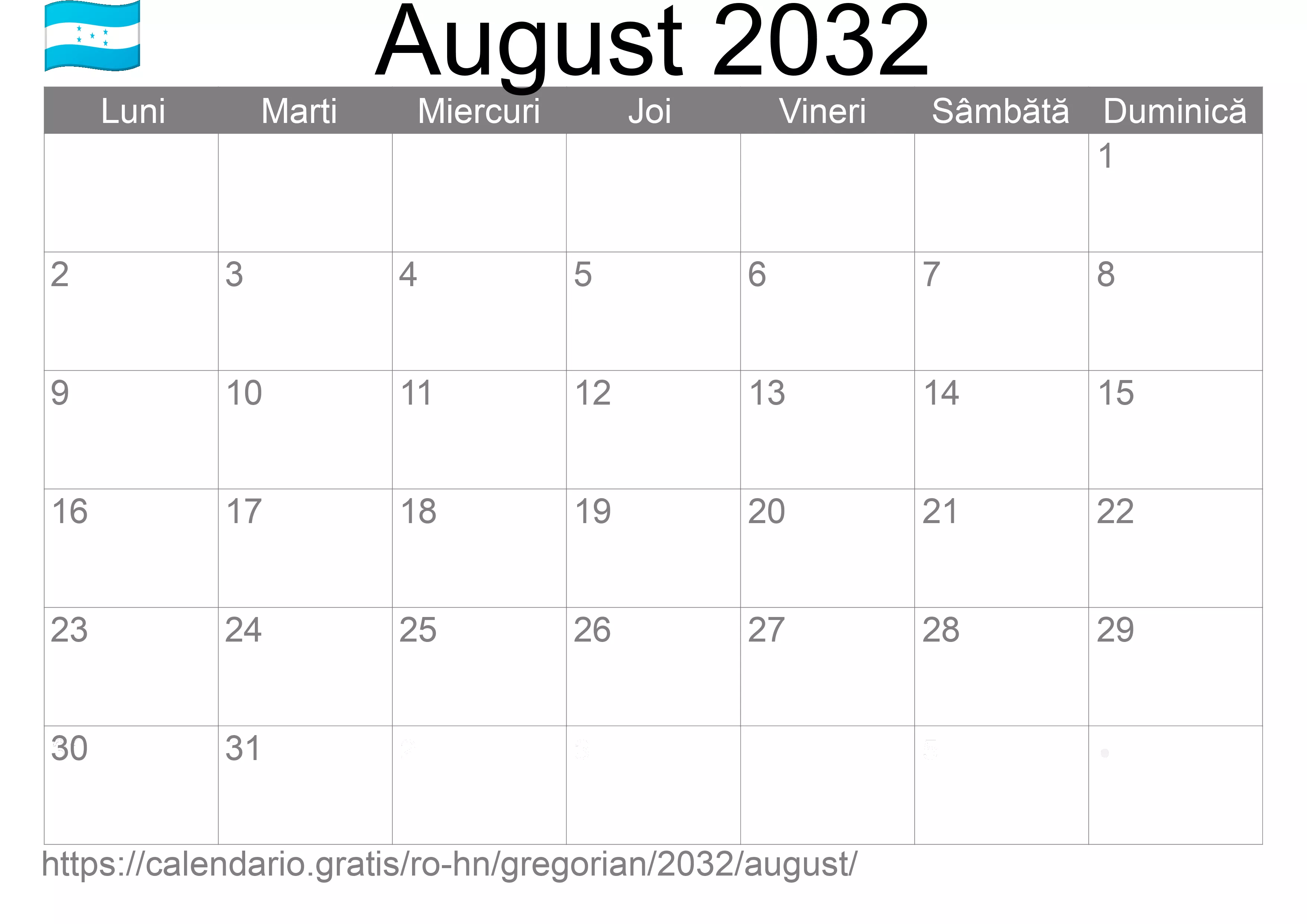 Calendar August 2032 pentru imprimare (Honduras) Calendar August 2032 pentru imprimare (Honduras)