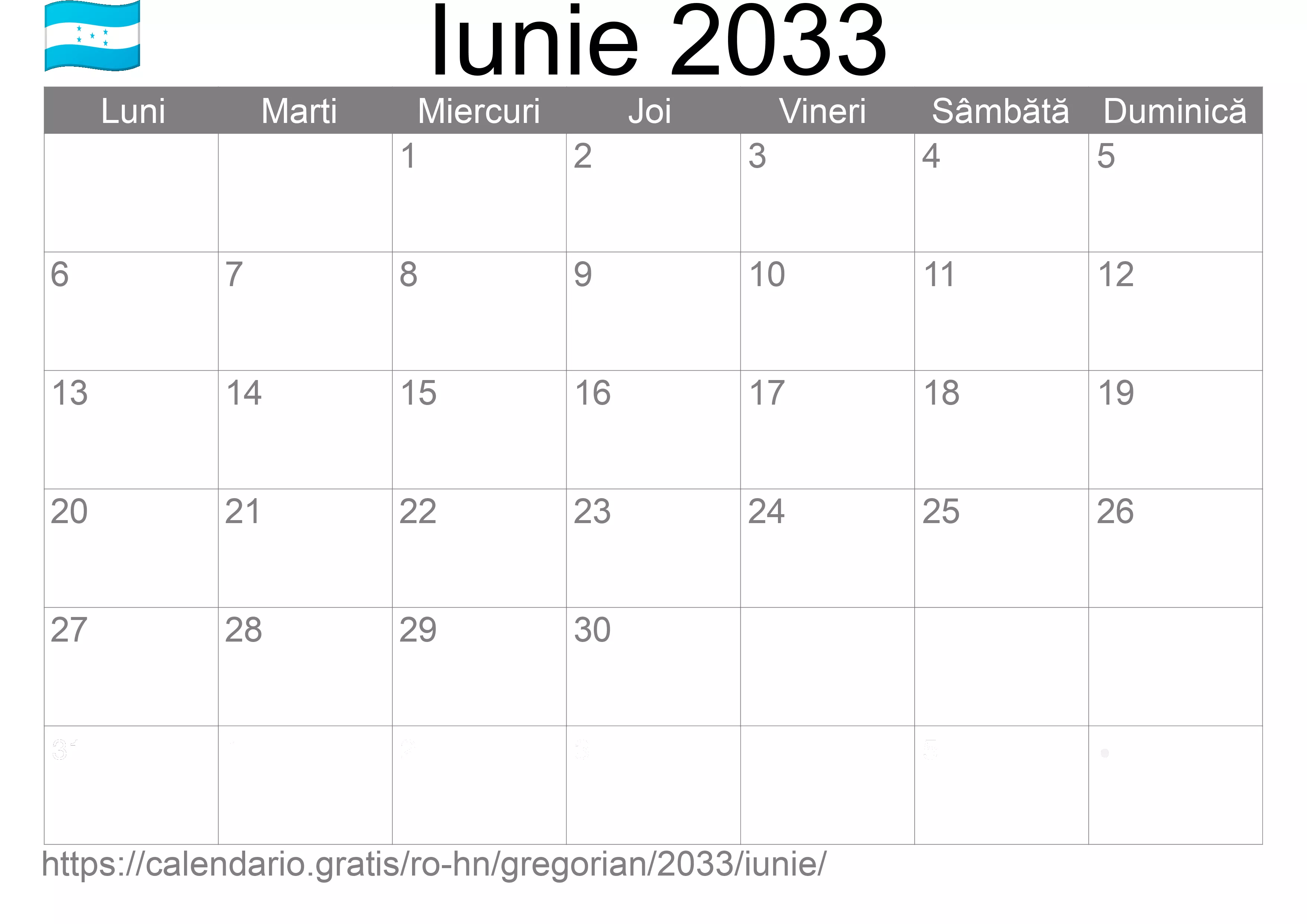 Calendar Iunie 2033 pentru imprimare (Honduras)