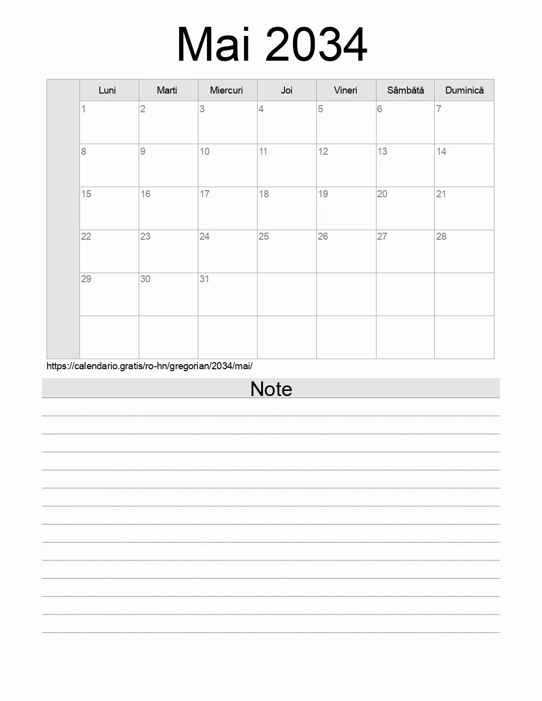 Calendar pentru Mai 2034 de imprimat cu note. (Honduras) Calendar pentru Mai 2034 de imprimat cu note. (Honduras)