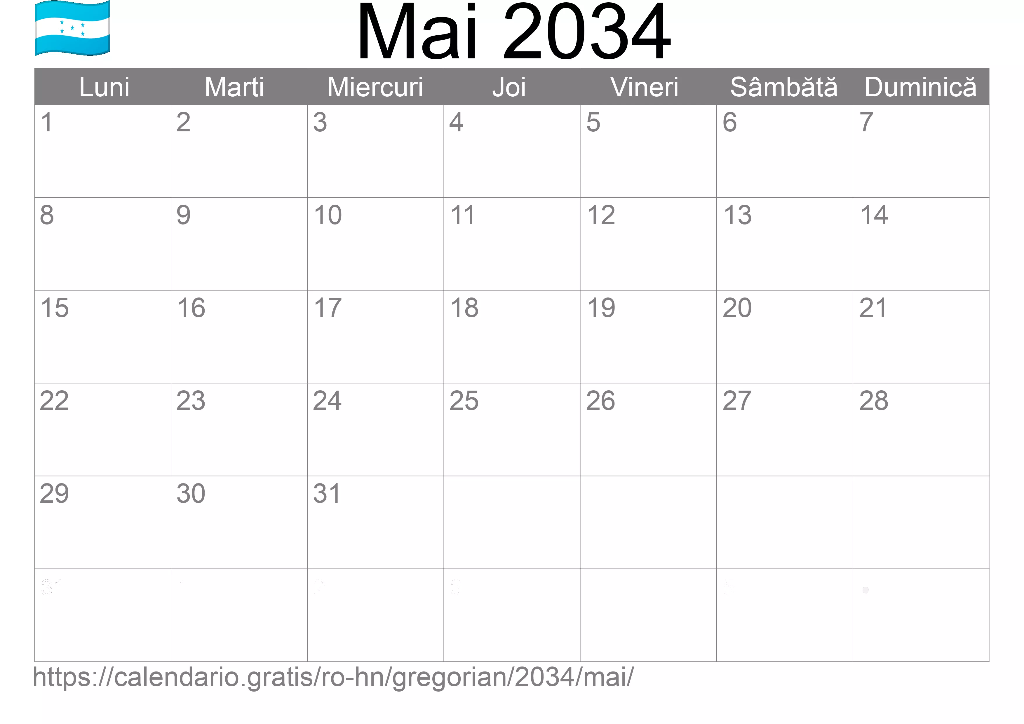 Calendar Mai 2034 pentru imprimare (Honduras) Calendar Mai 2034 pentru imprimare (Honduras)