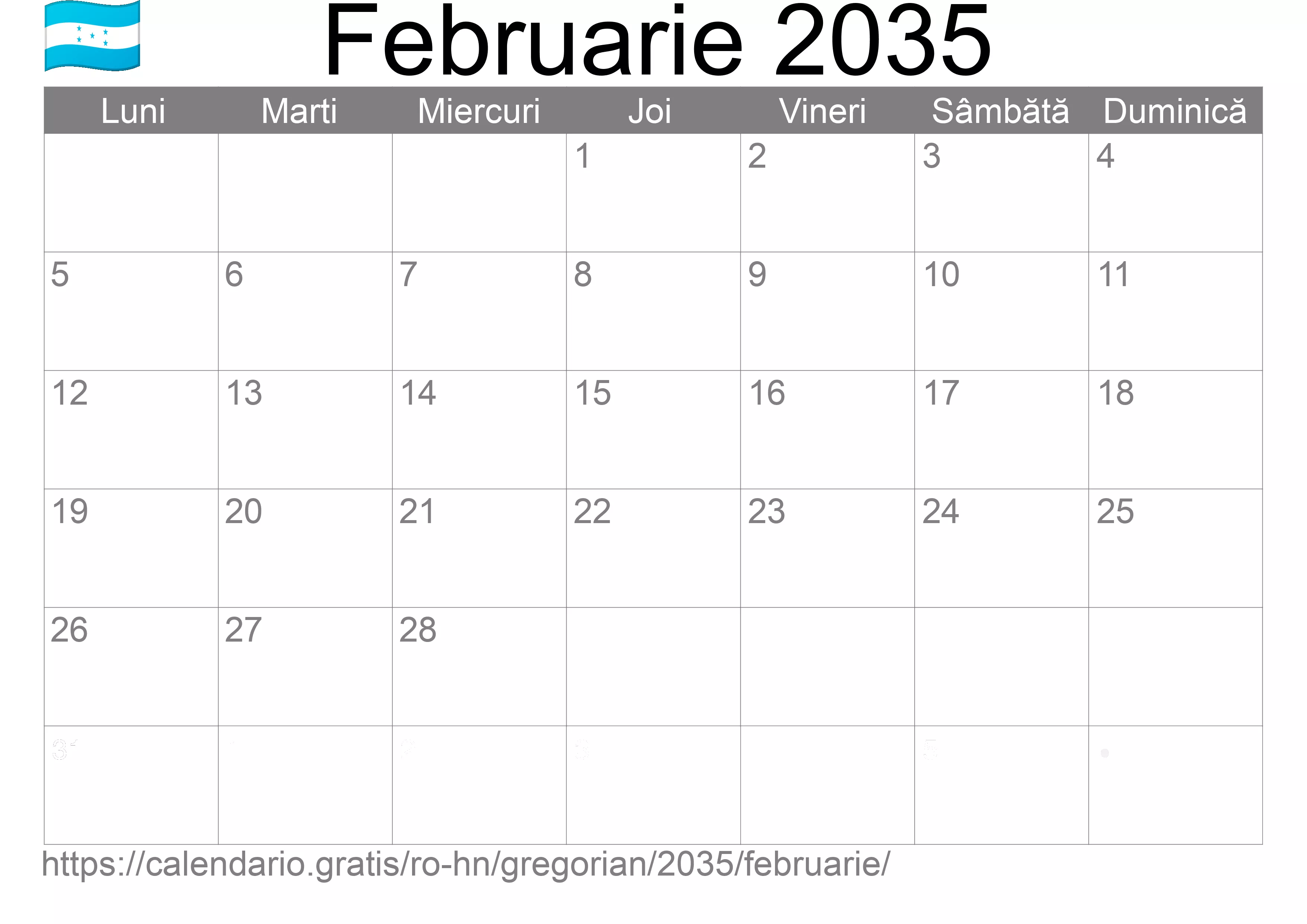 Calendar Februarie 2035 pentru imprimare (Honduras) Calendar Februarie 2035 pentru imprimare (Honduras)
