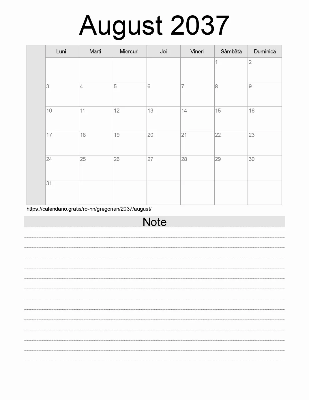 Calendar pentru August 2037 de imprimat cu note. (Honduras) Calendar pentru August 2037 de imprimat cu note. (Honduras)