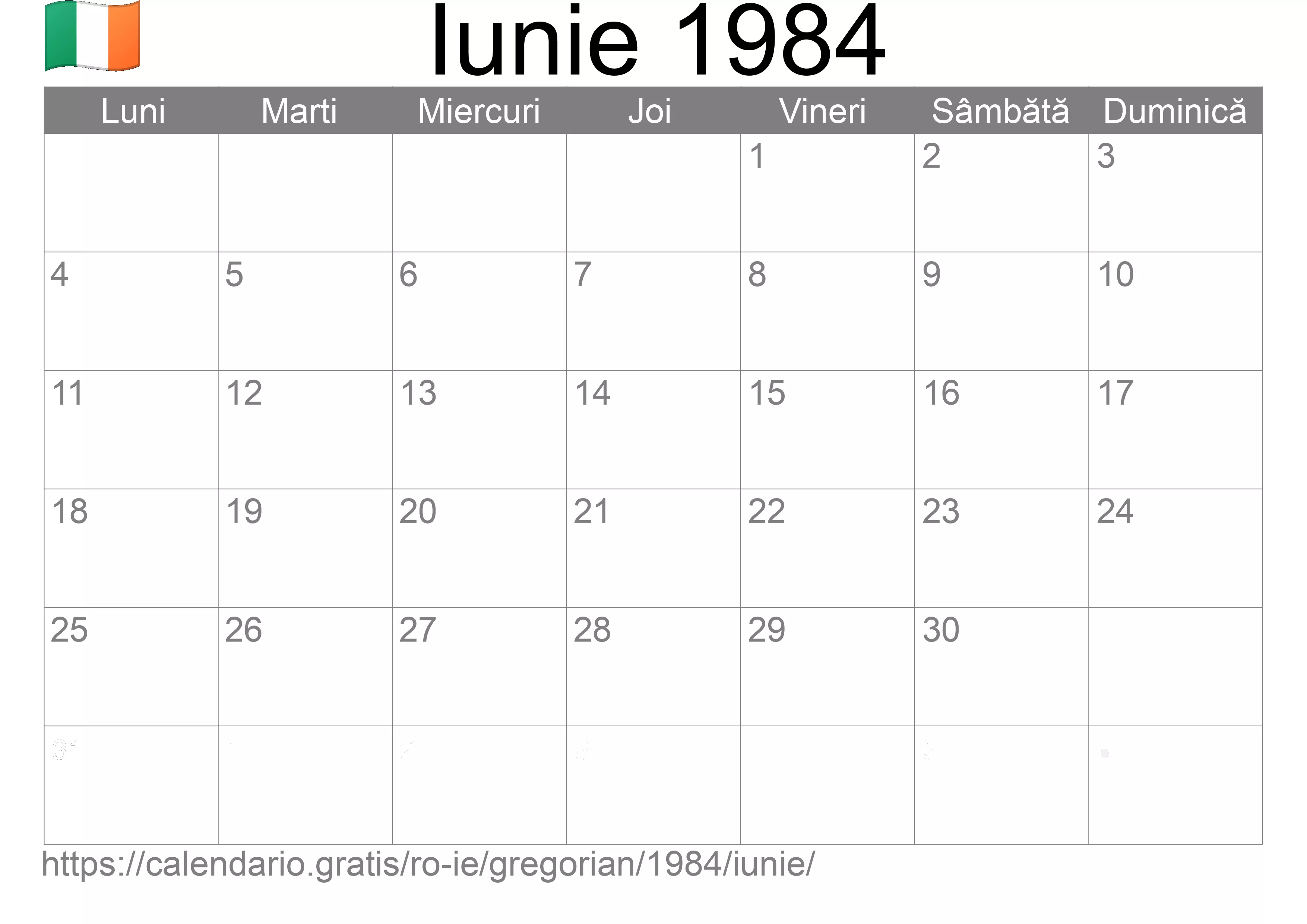 Calendar Iunie 1984 pentru imprimare (Irlanda) Calendar Iunie 1984 pentru imprimare (Irlanda)