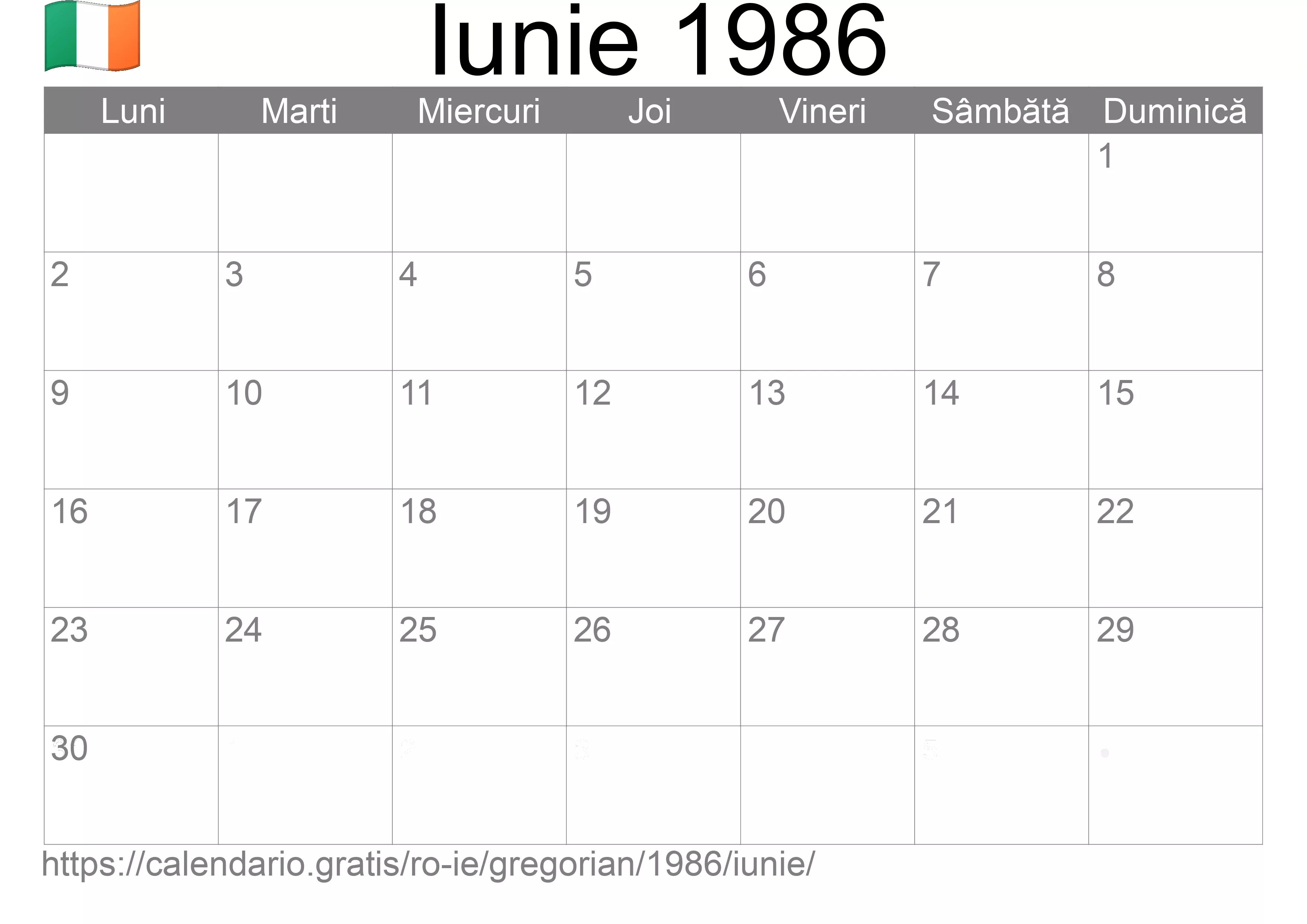 Calendar Iunie 1986 pentru imprimare (Irlanda)