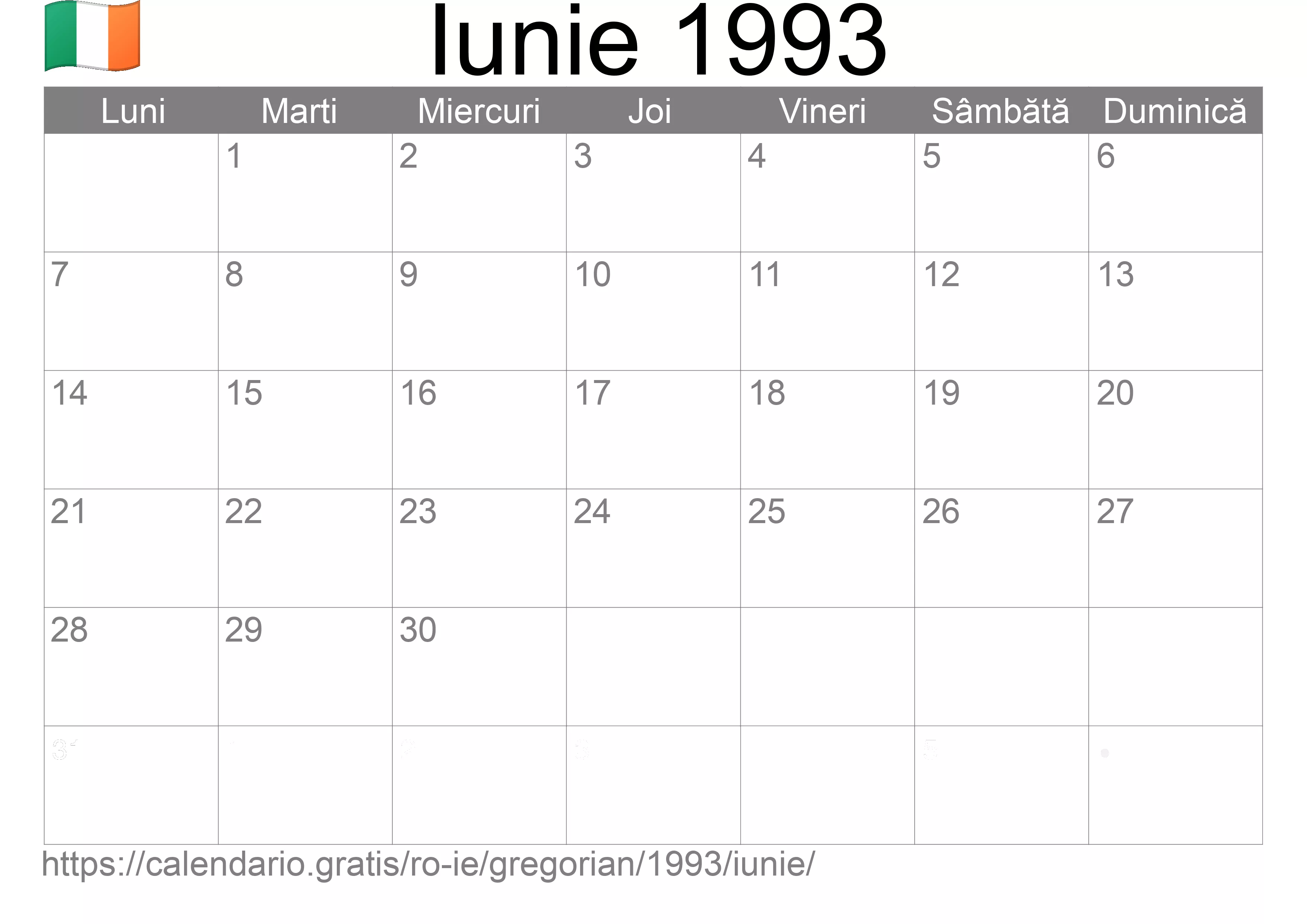Calendar Iunie 1993 pentru imprimare (Irlanda)