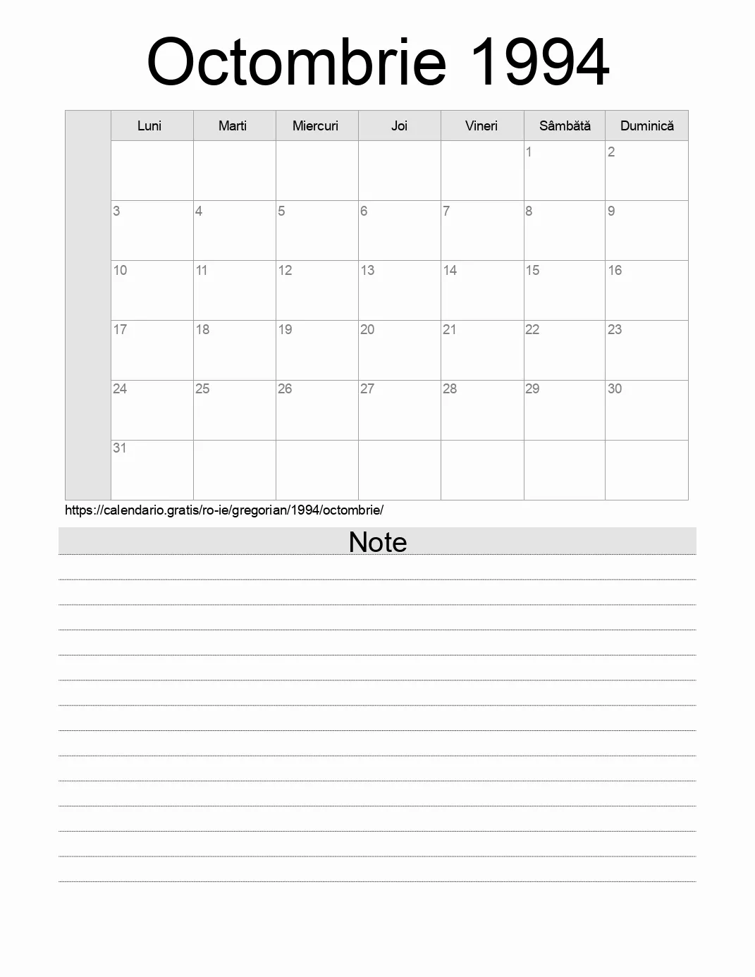 Calendar pentru Octombrie 1994 de imprimat cu note. (Irlanda)