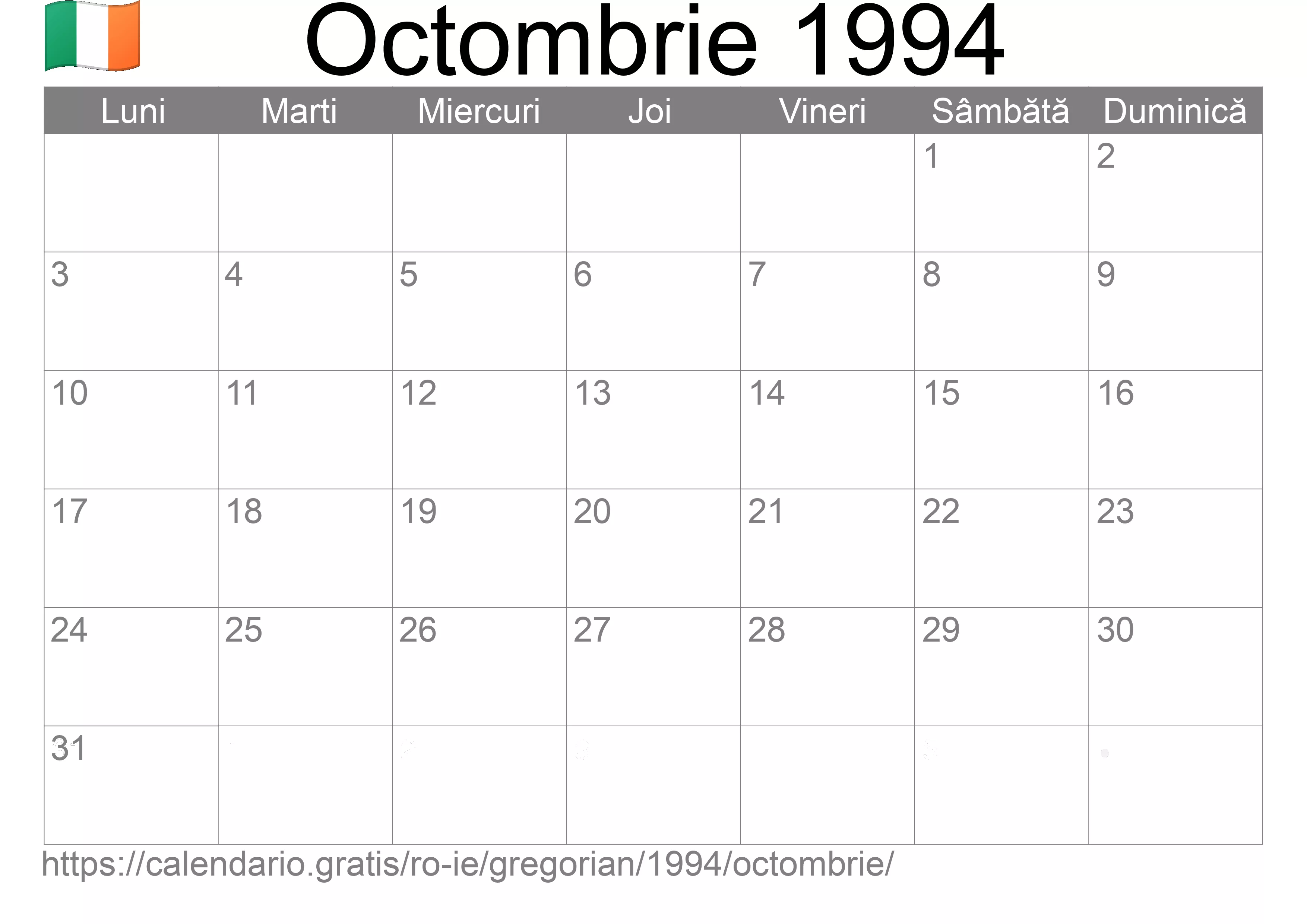 Calendar Octombrie 1994 pentru imprimare (Irlanda)