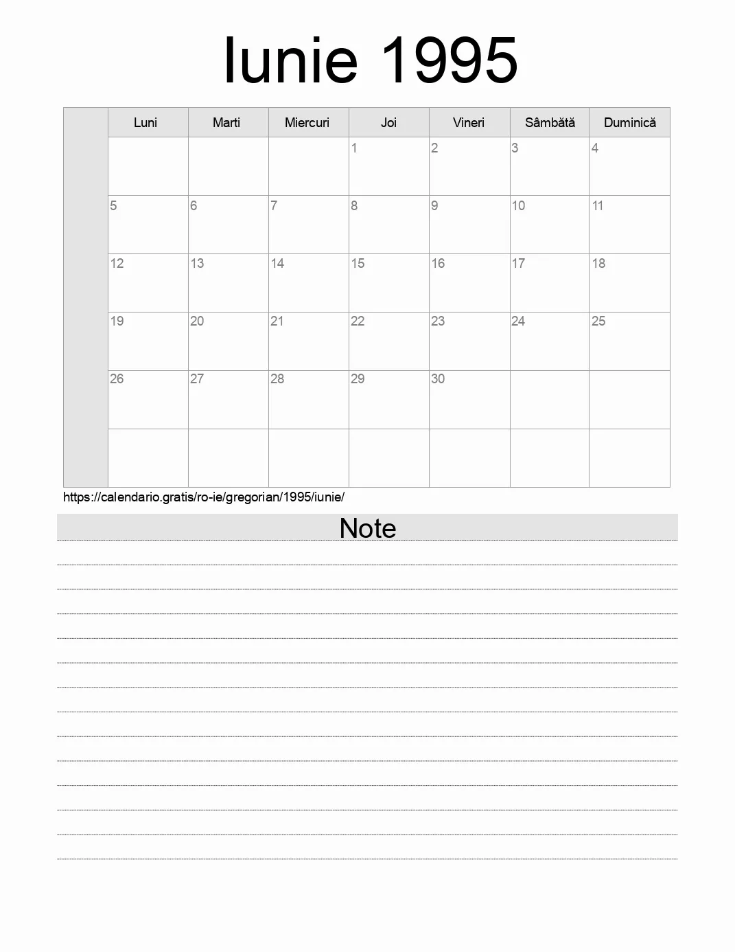 Calendar pentru Iunie 1995 de imprimat cu note. (Irlanda)