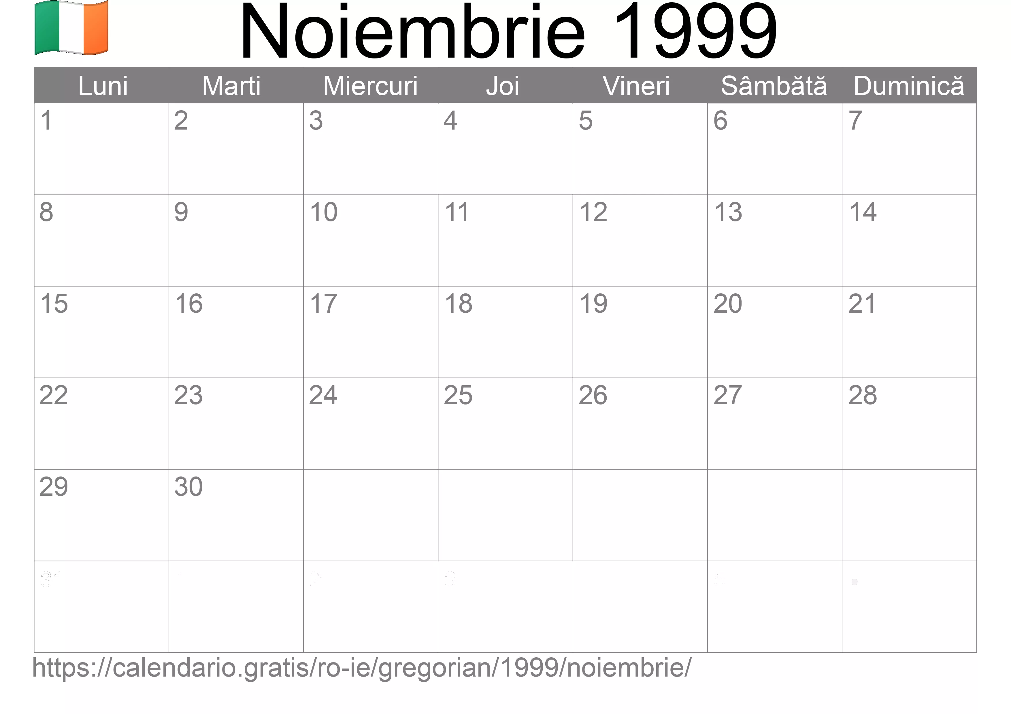 Calendar Noiembrie 1999 pentru imprimare (Irlanda)