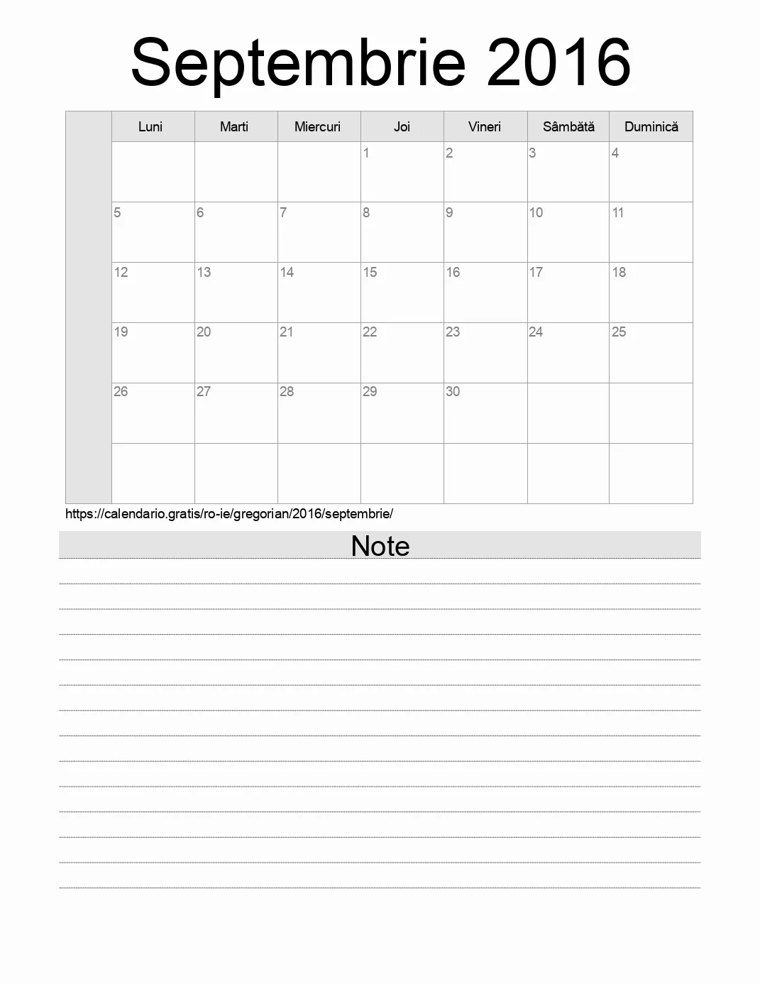 Calendar pentru Septembrie 2016 de imprimat cu note. (Irlanda)