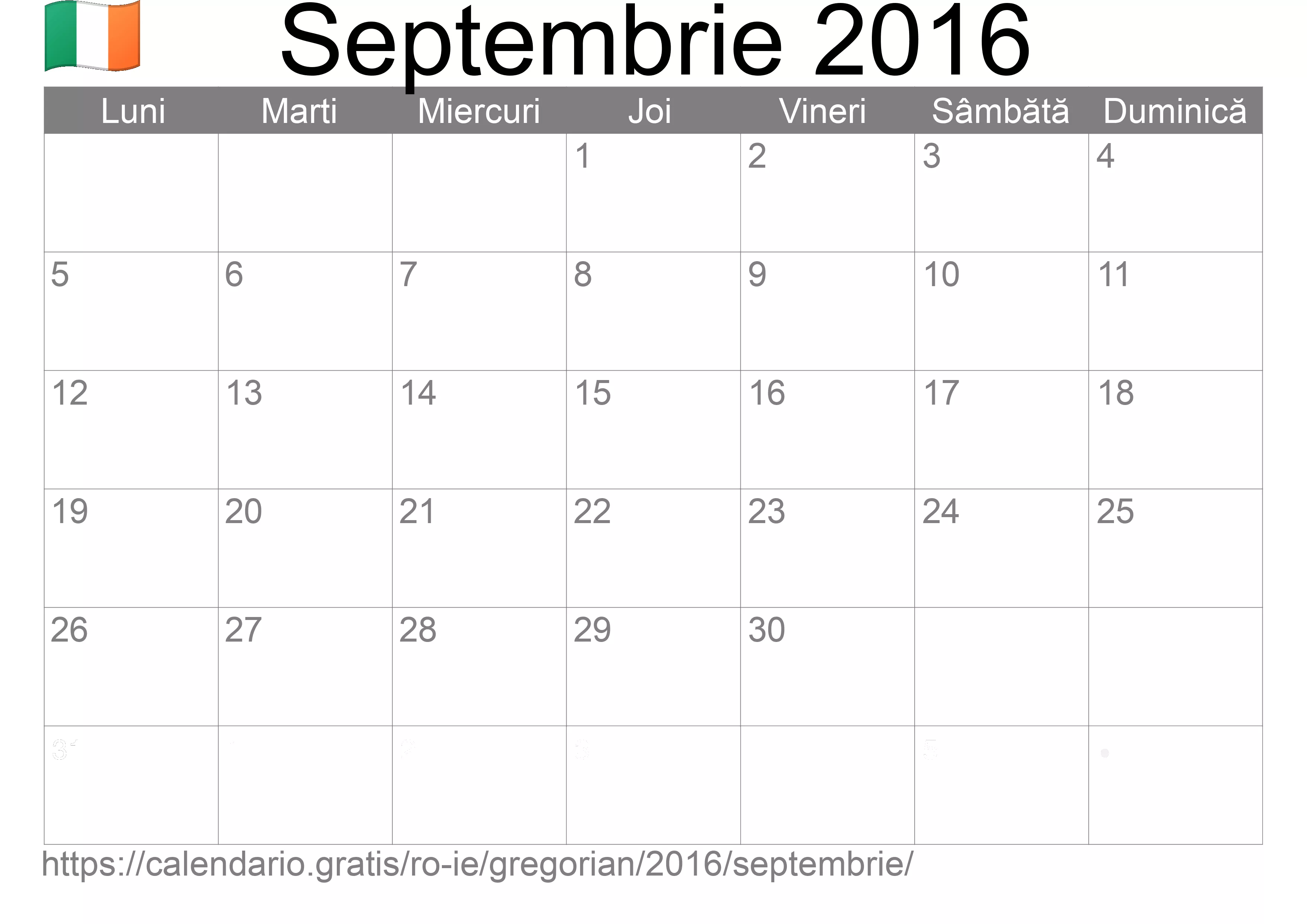 Calendar Septembrie 2016 pentru imprimare (Irlanda)