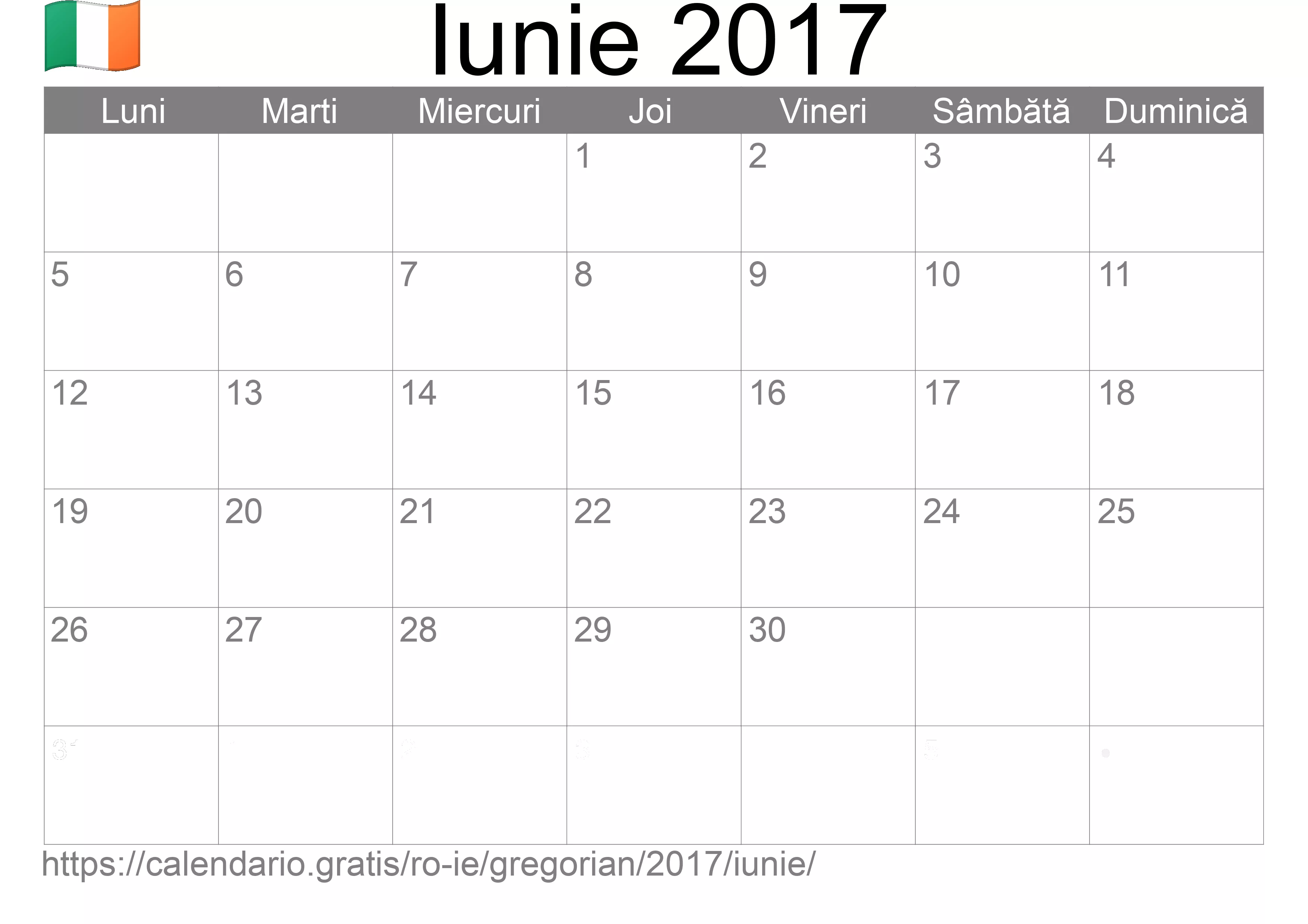Calendar Iunie 2017 pentru imprimare (Irlanda)
