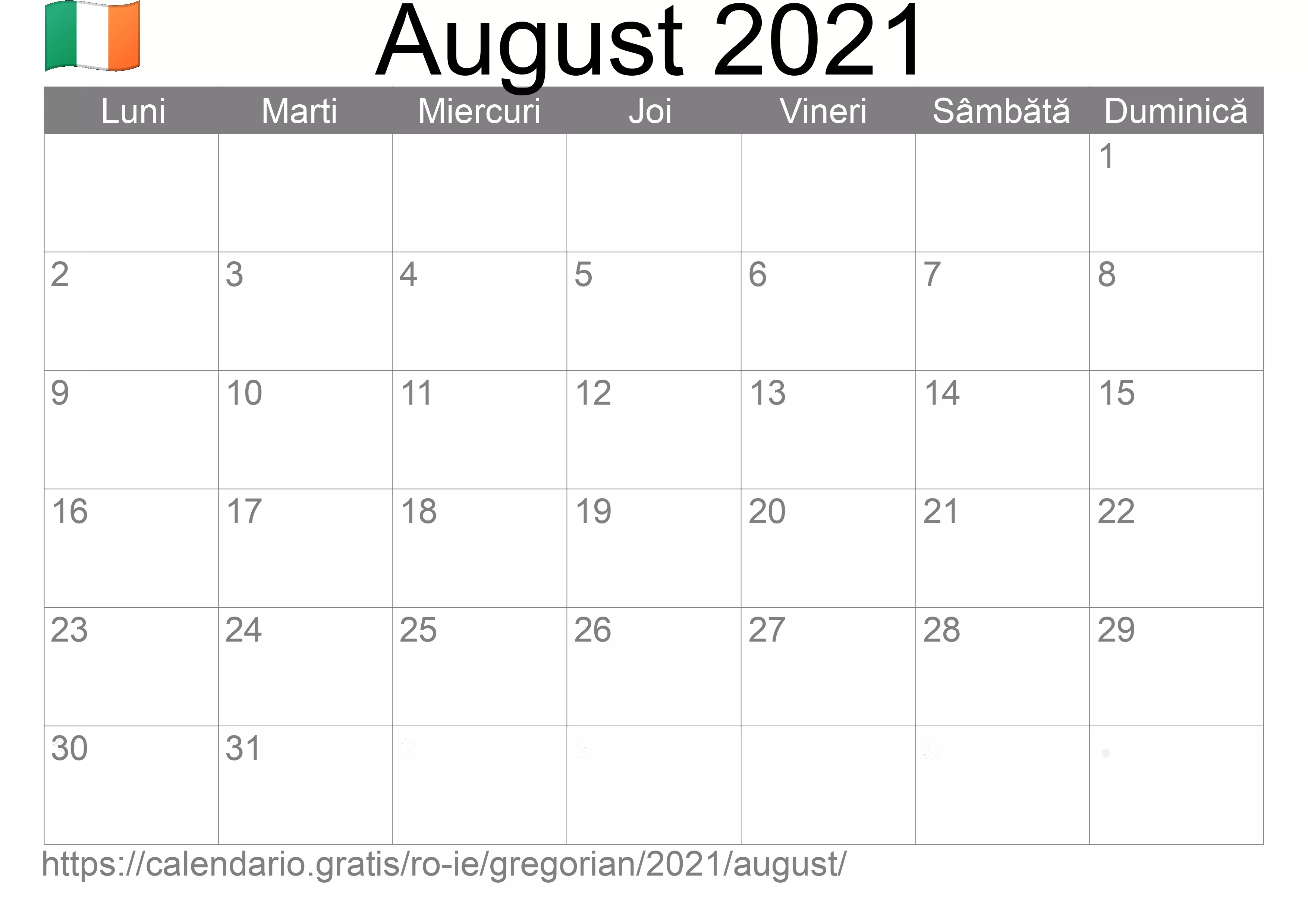 Calendar August 2021 pentru imprimare (Irlanda) Calendar August 2021 pentru imprimare (Irlanda)
