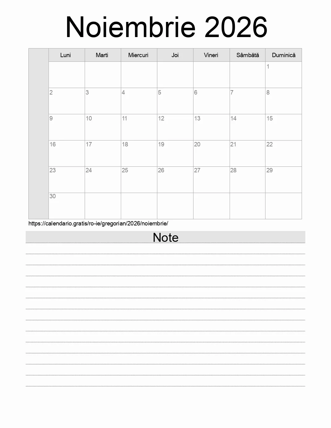 Calendar pentru Noiembrie 2026 de imprimat cu note. (Irlanda)