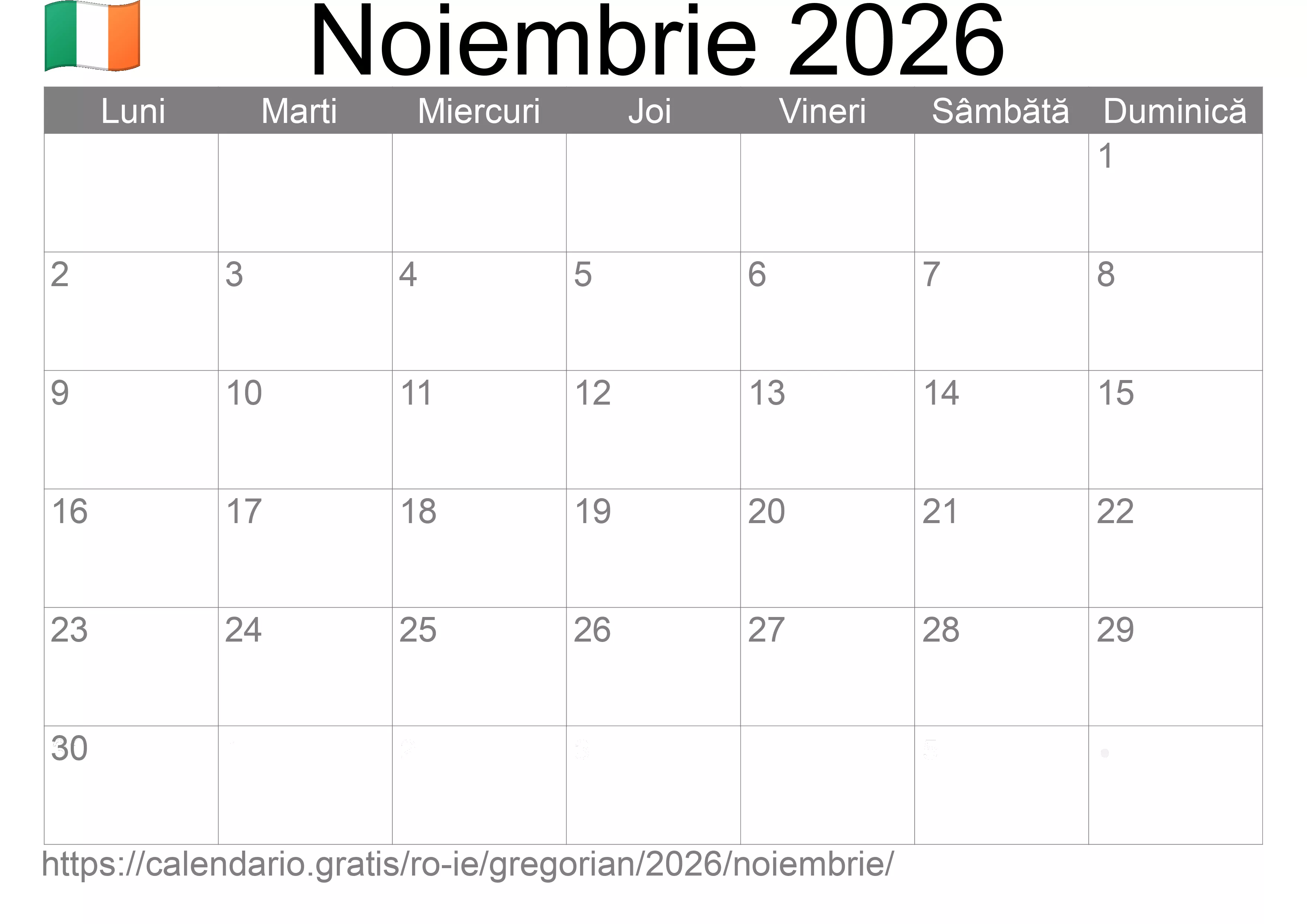 Calendar Noiembrie 2026 pentru imprimare (Irlanda)