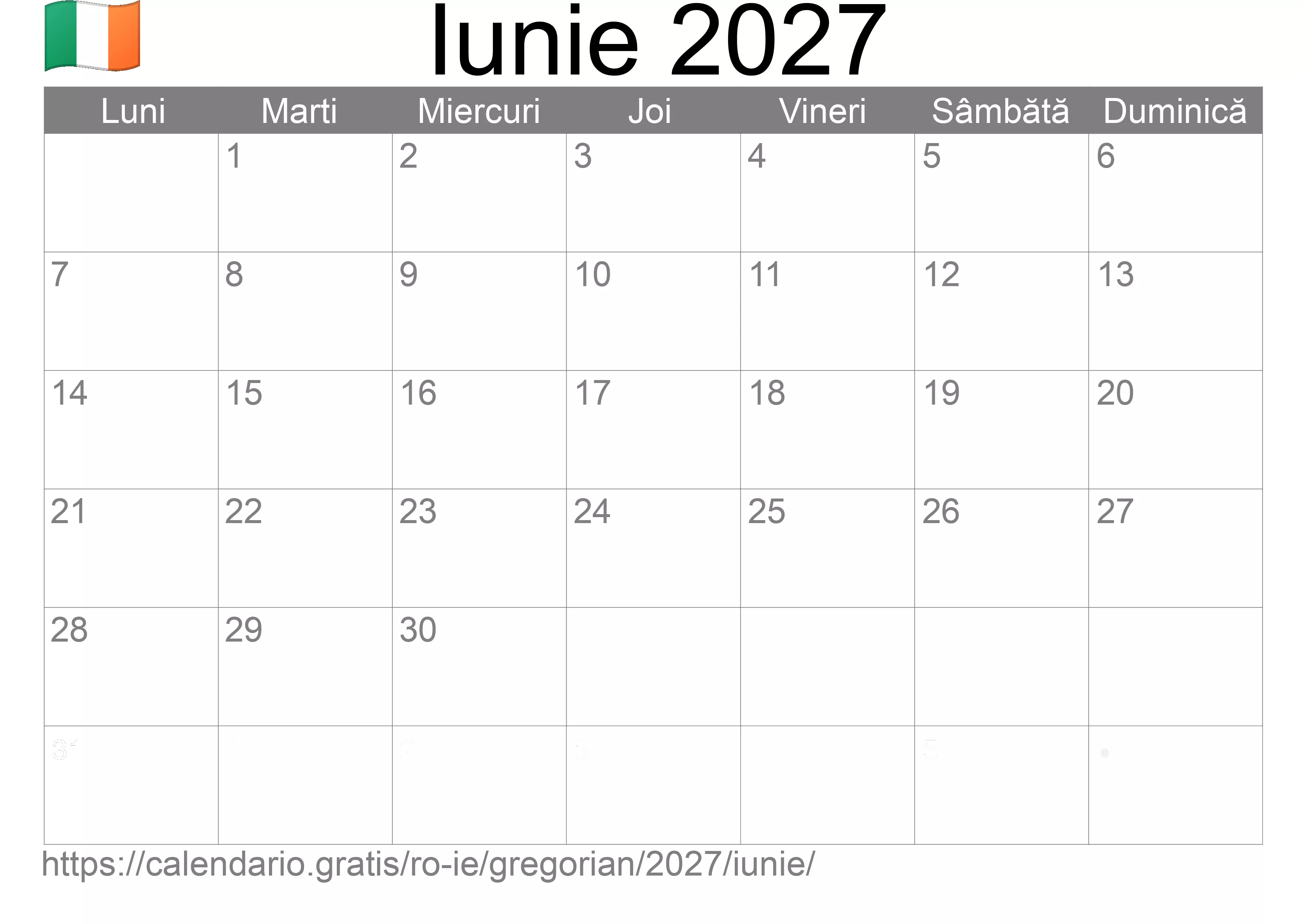 Calendar Iunie 2027 pentru imprimare (Irlanda)