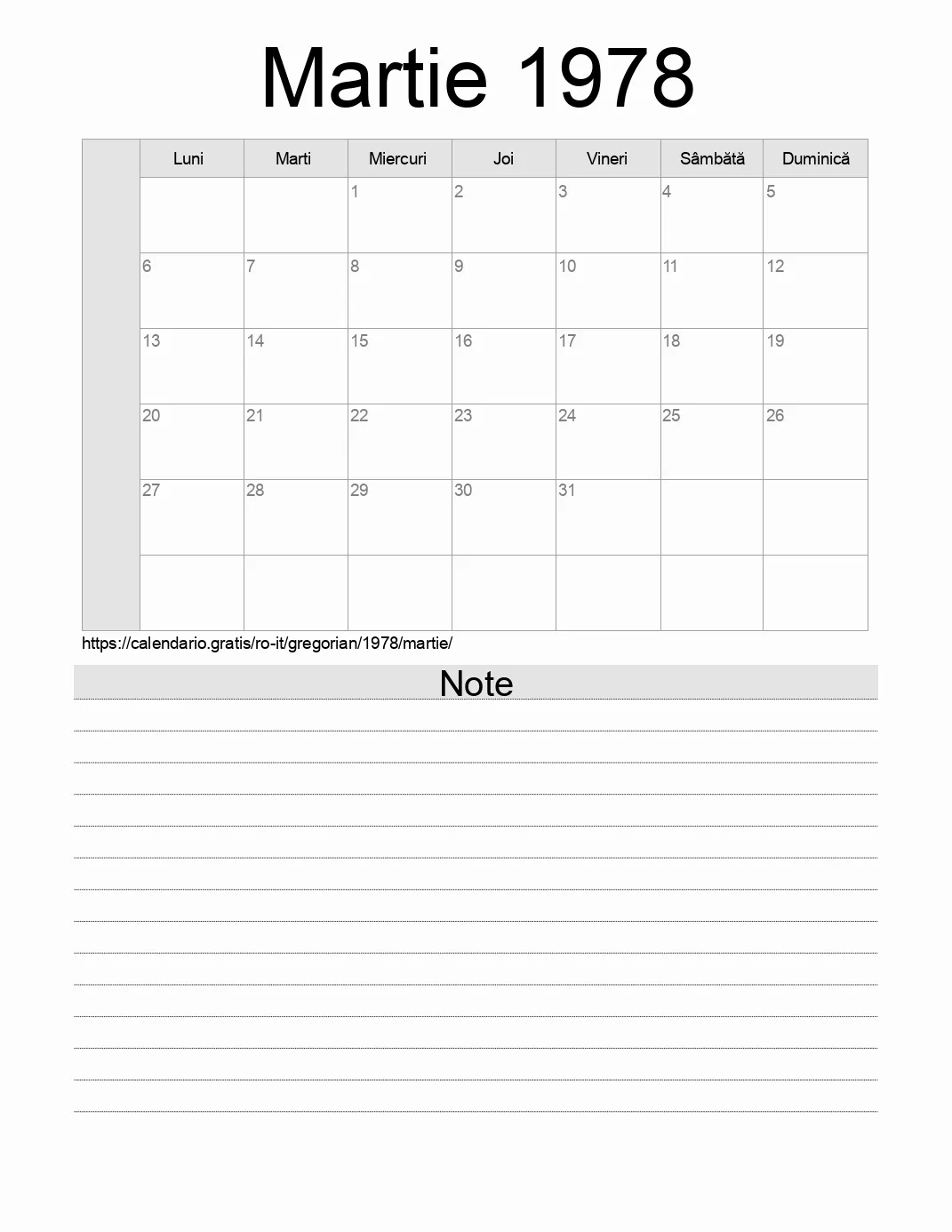 Calendar pentru Martie 1978 de imprimat cu note. (Italia)